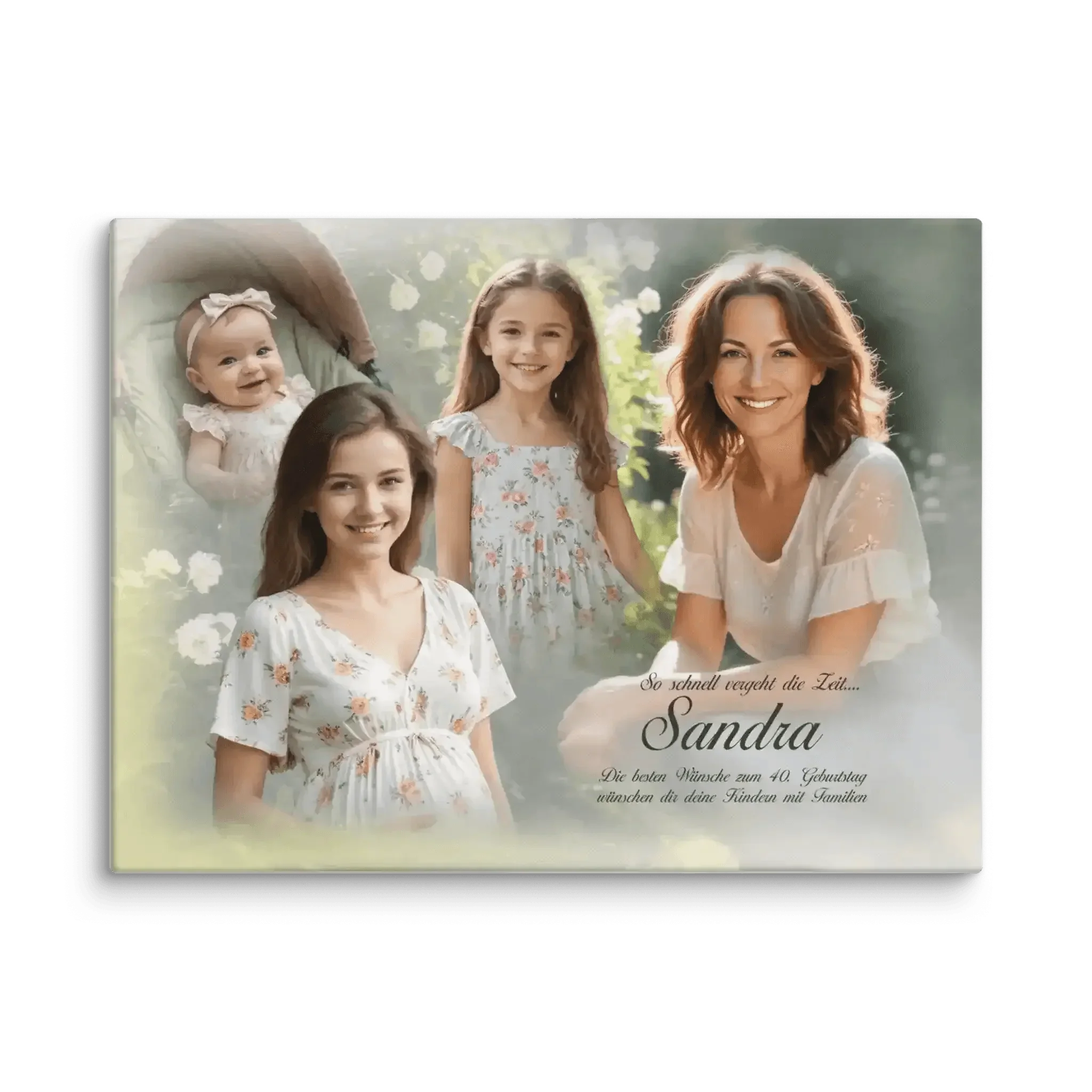 Personalisierte Leinwand mit vier lächelnden Frauen und Mädchen im Garten, Geburtstag, Geschenkidee