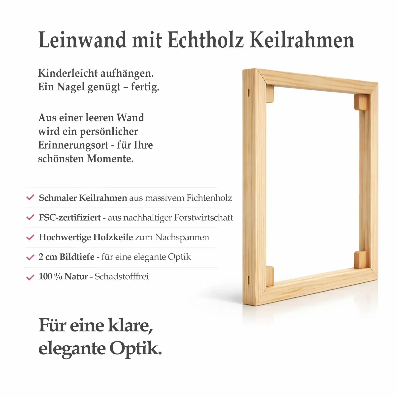 Beschreibung mit Bild: Schmaler Keilrahmen aus hellem Fichtenholz mit Eckverbindungen und Holzkeilen, freigestellt auf hellem Hintergrund