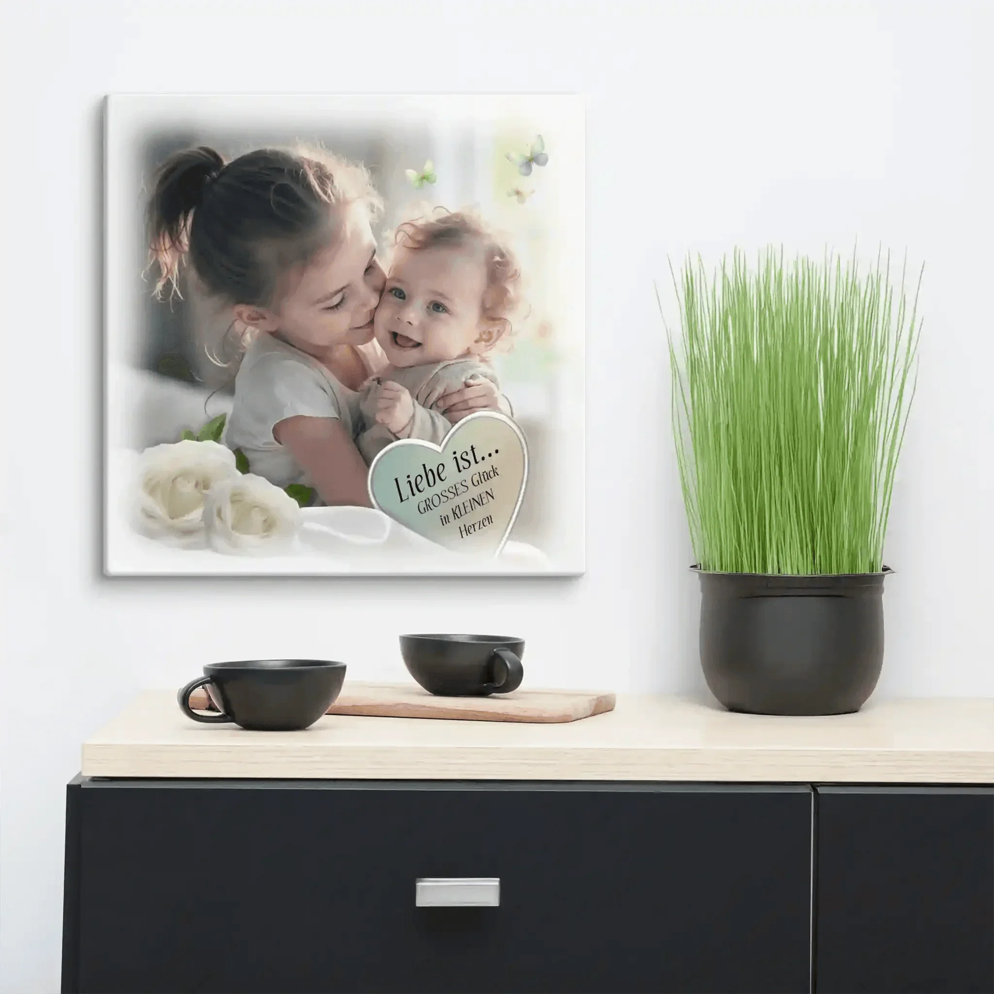 Leinwandbild mit zwei Kindern, Herz mit Zitat, weiße Blumen, moderne Wanddekoration