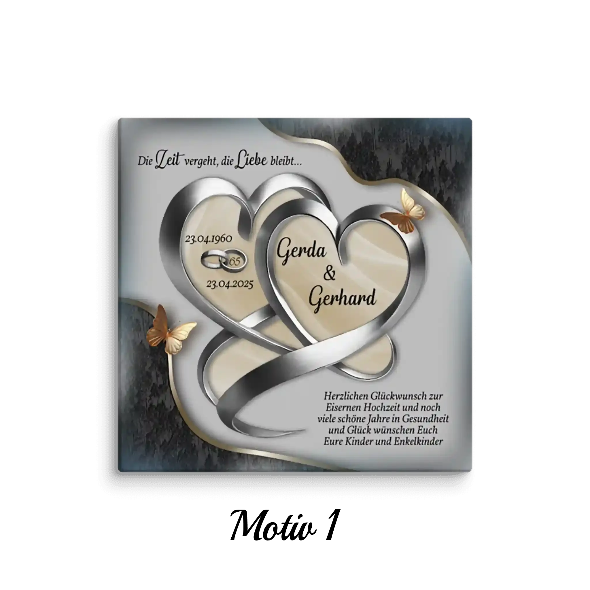 Quadratische Leinwand zur Eisenhochzeit mit verschlungenen silbernen Herzen, Schmetterlingen und personalisiertem Text.