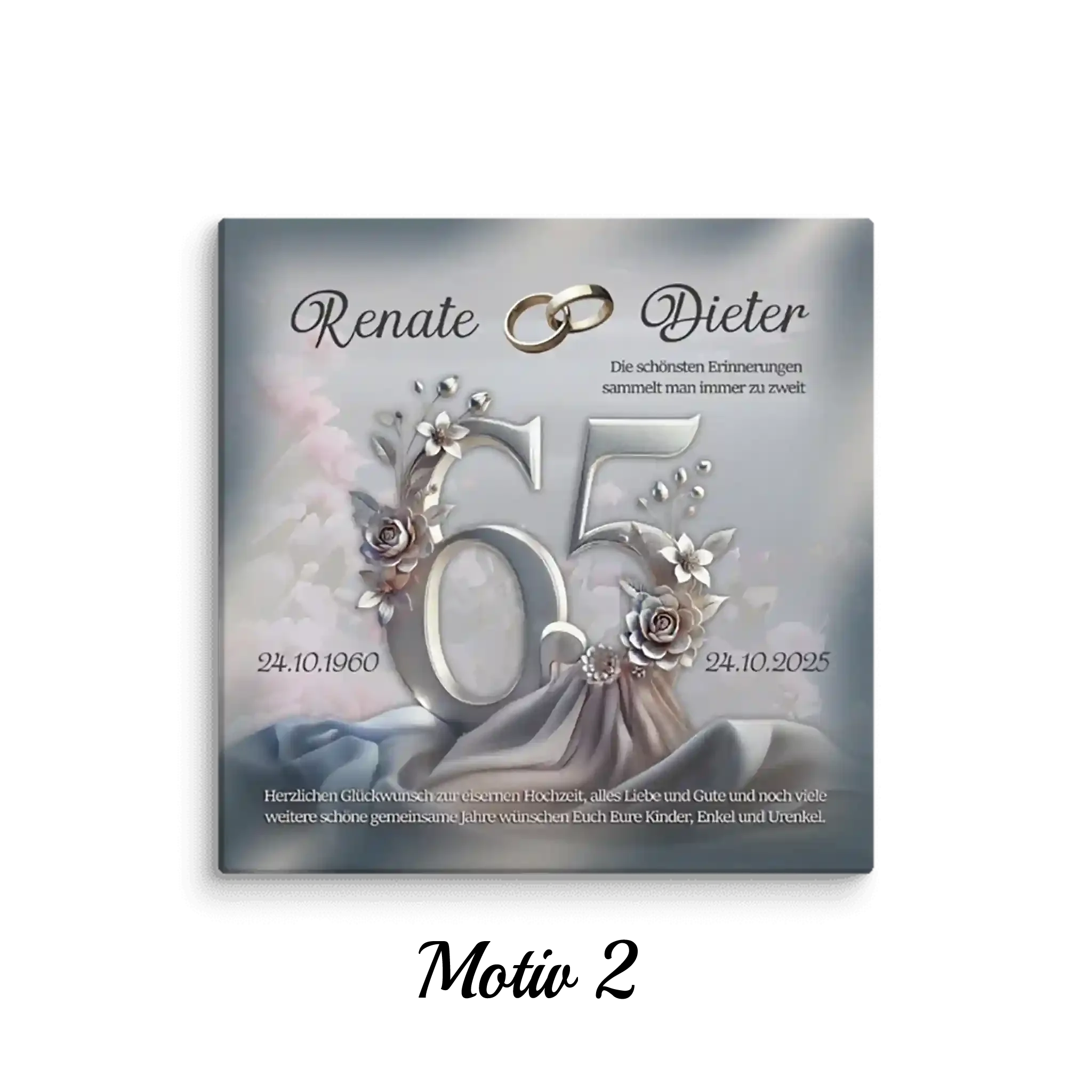 Leinwand zur Eisenhochzeit mit silberner 65, Blumen, Ringen und Personalisierung.