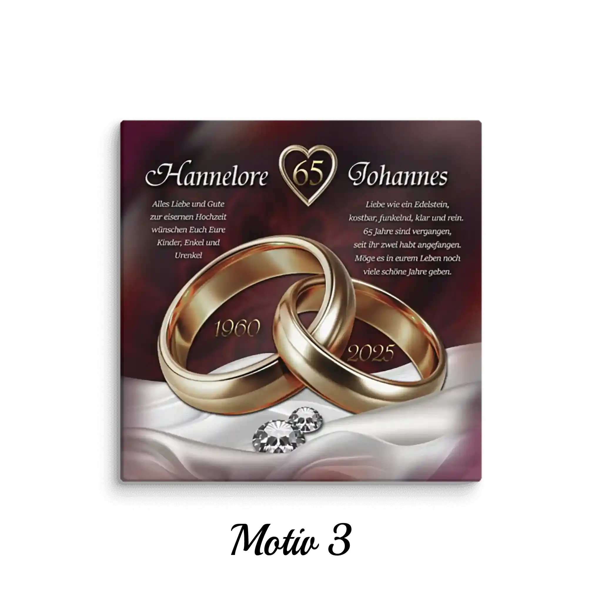 Quadratische Leinwand zur Eisenhochzeit mit goldenen Ringen, Herzen und Diamanten, Jubiläum 65 Jahre.