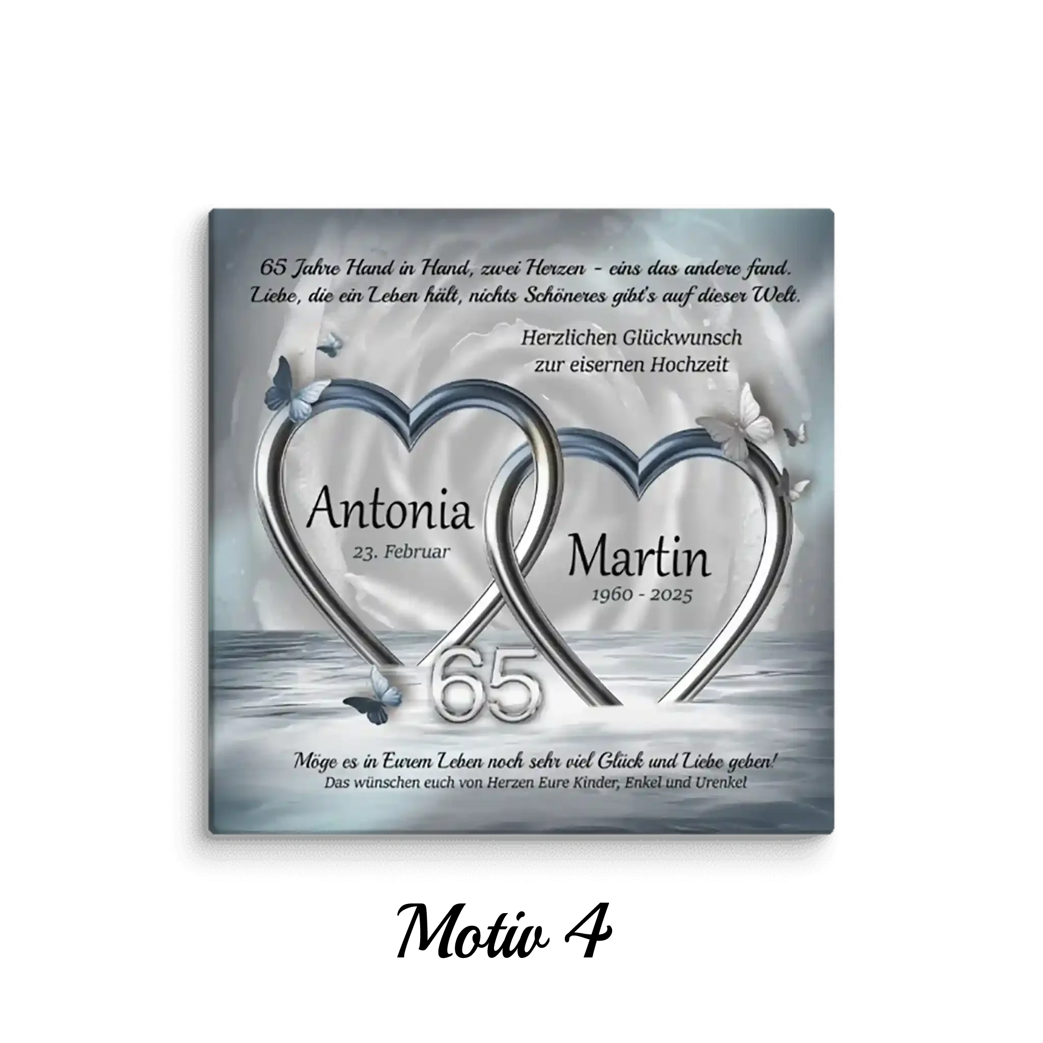 Leinwand zur Eisernen Hochzeit mit zwei silbernen Herzen, Schmetterlingen und Jubiläumszahlen 65