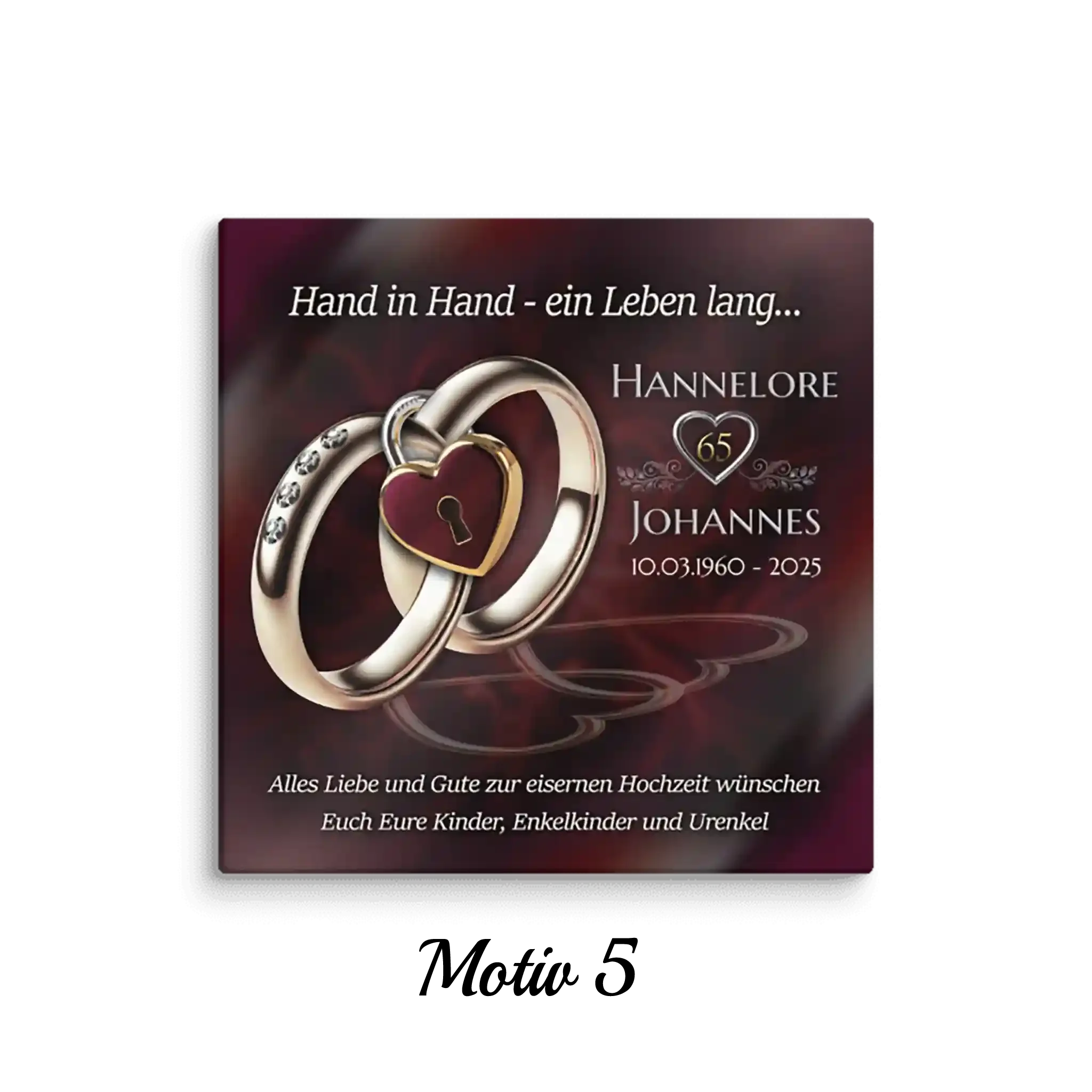 Leinwand zur Eisenhochzeit mit zwei Ringen, Herzanhänger und Jubiläumstext, dunkler Hintergrund