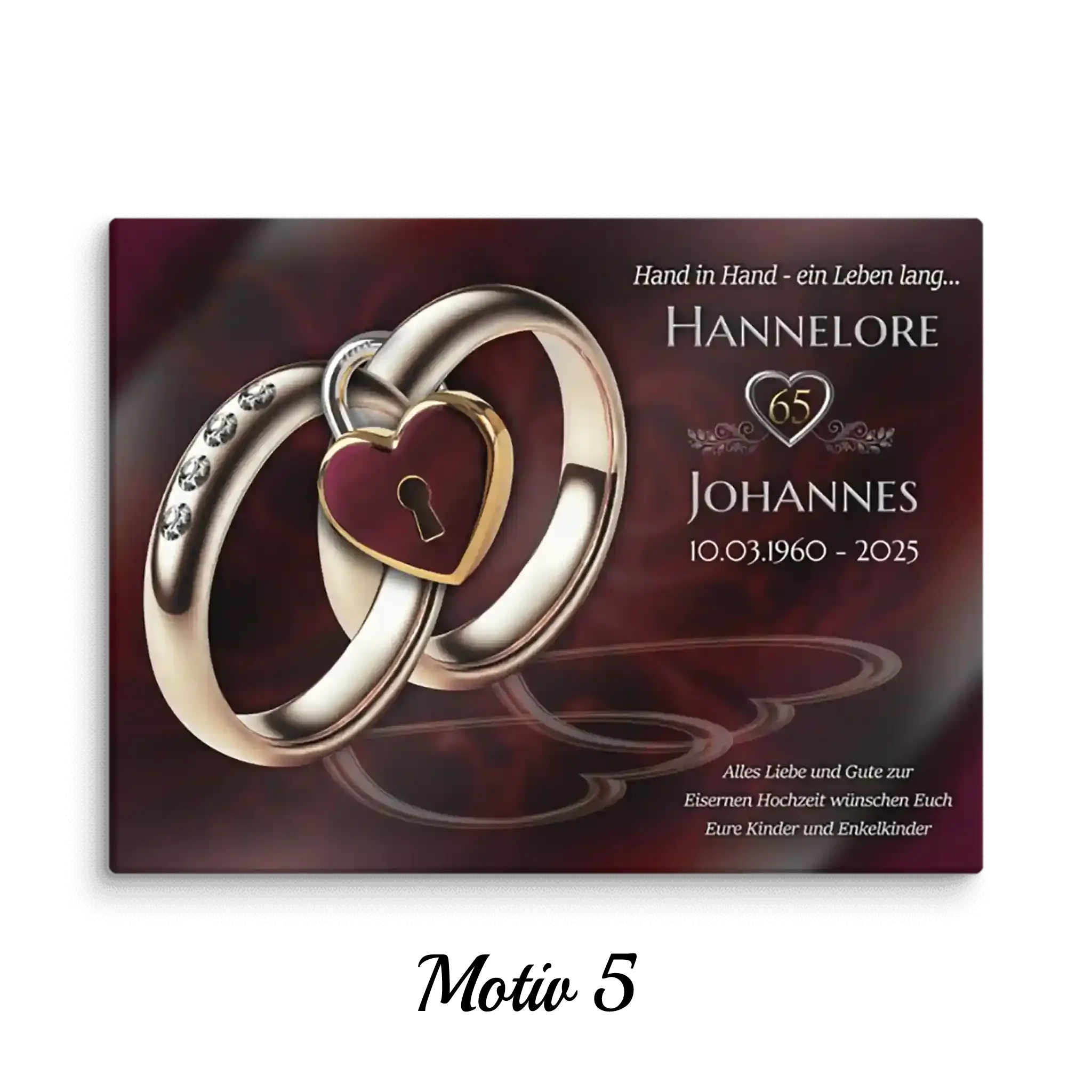 Quadratische Leinwand zur Eisernen Hochzeit mit goldenen Ringen und rotem Herzschloss auf dunklem Hintergrund, Personalisierung mit Namen, Jubiläum und Datum, Geschenkidee