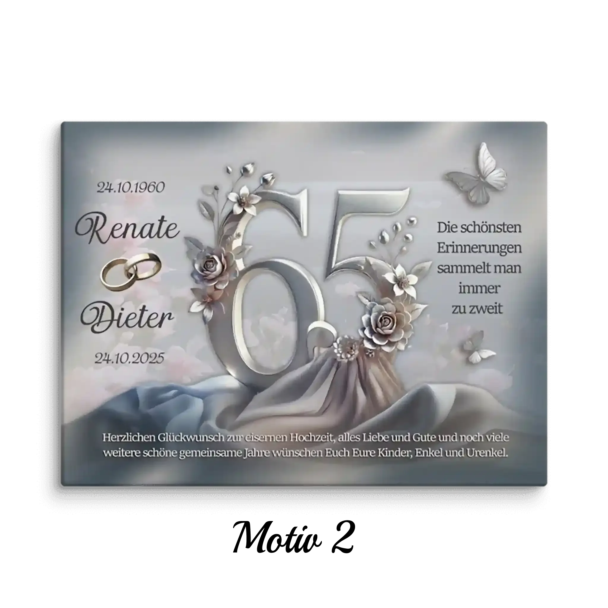 Leinwand zur Eisenhochzeit mit silberner 65, Rosen, Schmetterlingen und Glückwünschen.