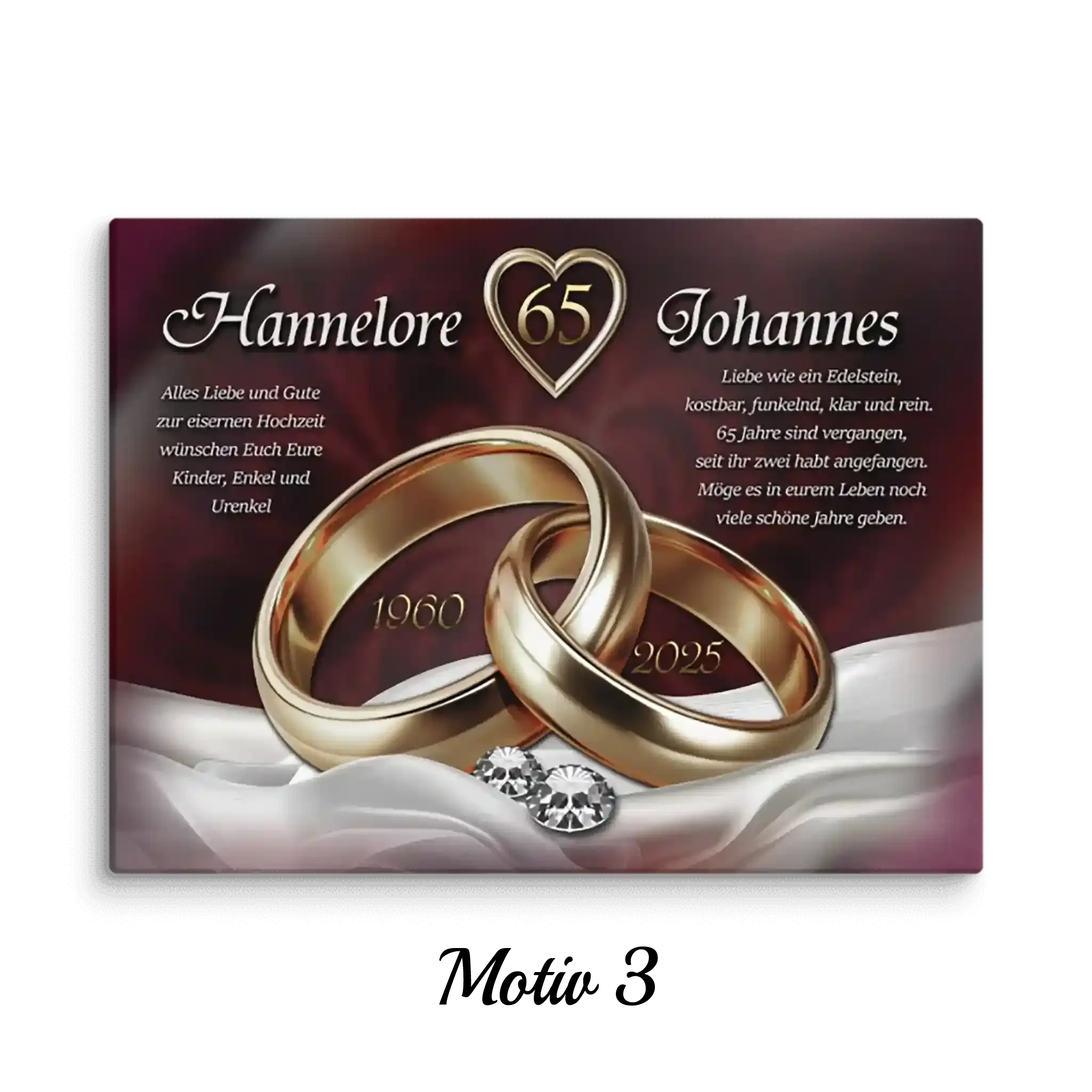 Leinwand mit goldenen Eheringen, Herzsymbol und Diamanten zur Eisenhochzeit, Namen und Jahreszahlen