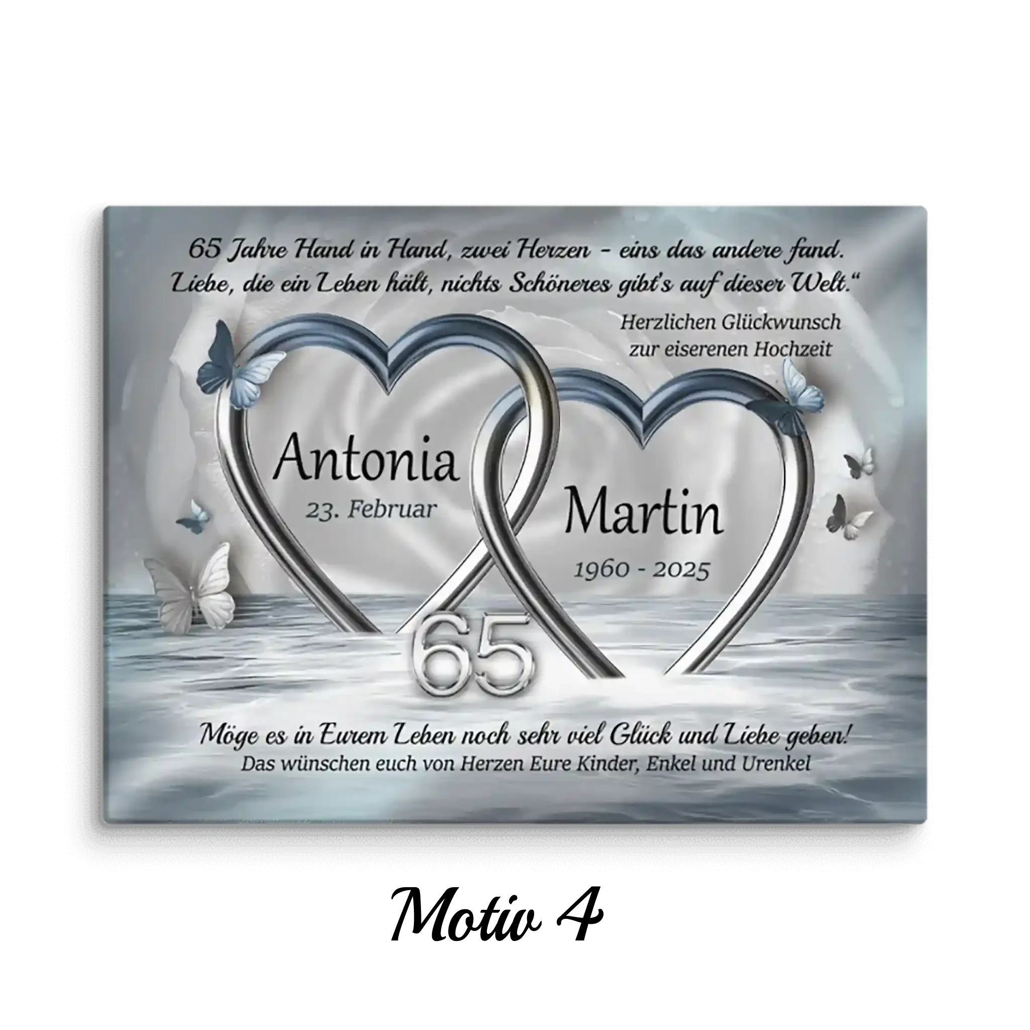 Leinwand zur Eisenhochzeit mit silbernen Herzen, Schmetterlingen und Namen Antonia und Martin