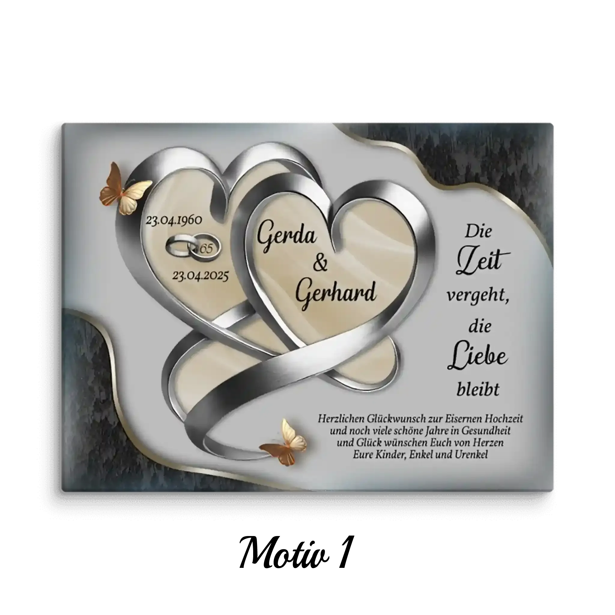 Leinwand zur Eisernen Hochzeit mit silbernen Herzen, Namen, Datum und Schmetterlingen, Geschenkidee