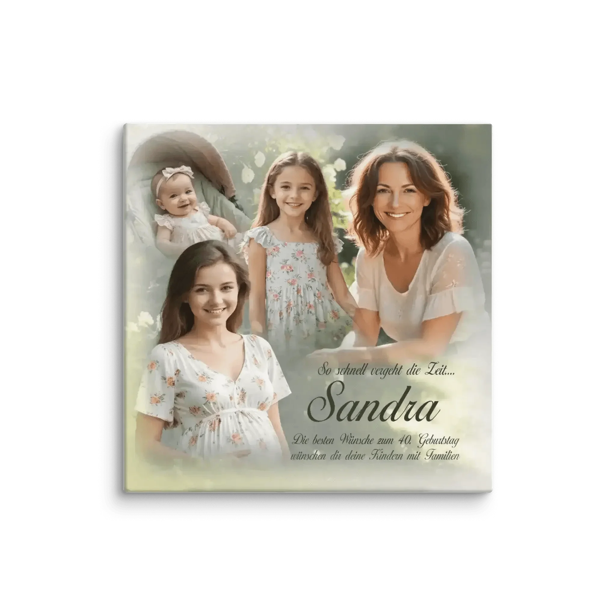 Leinwand mit Fotos von Frau, Mädchen und Baby im Blumenmuster, Geburtstagsgruß Sandra