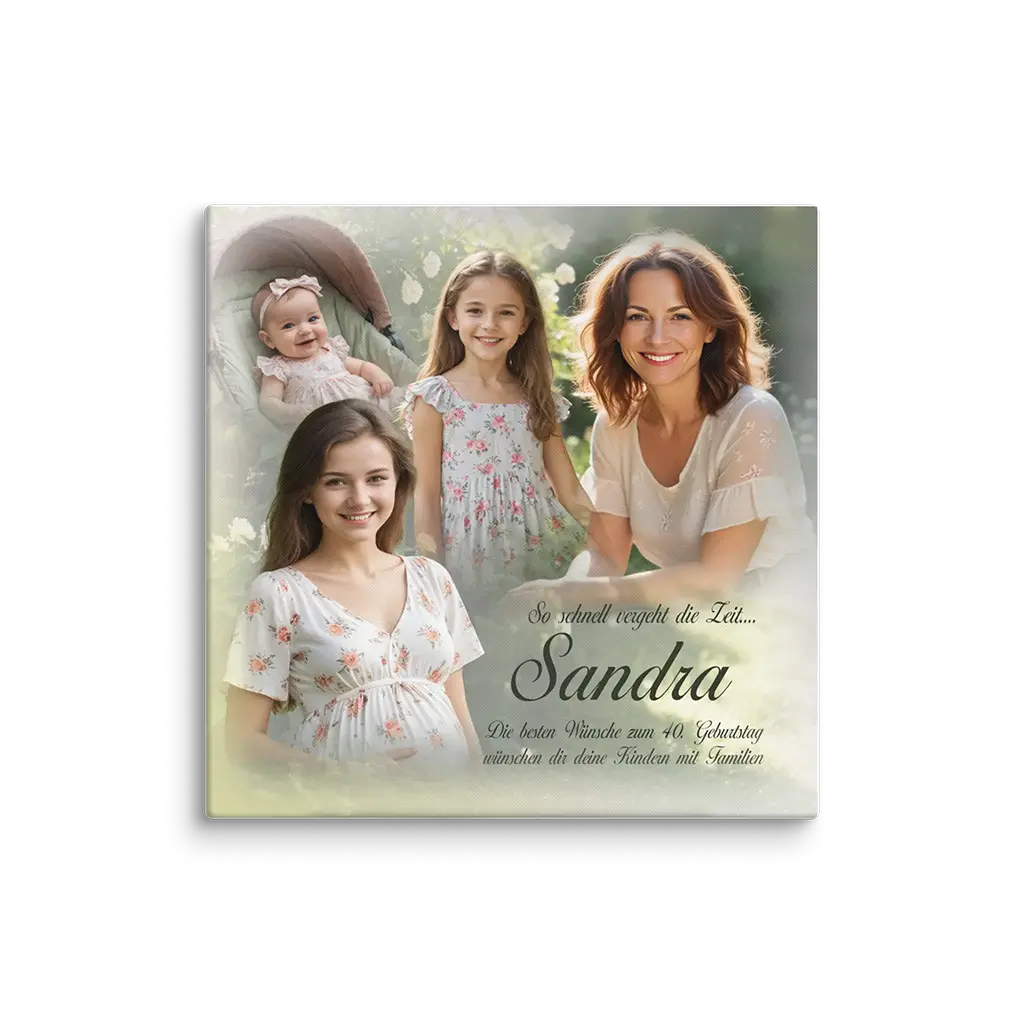 Leinwand mit Fotos von Frau, Mädchen und Baby im Blumenmuster, Geburtstagsgruß Sandra