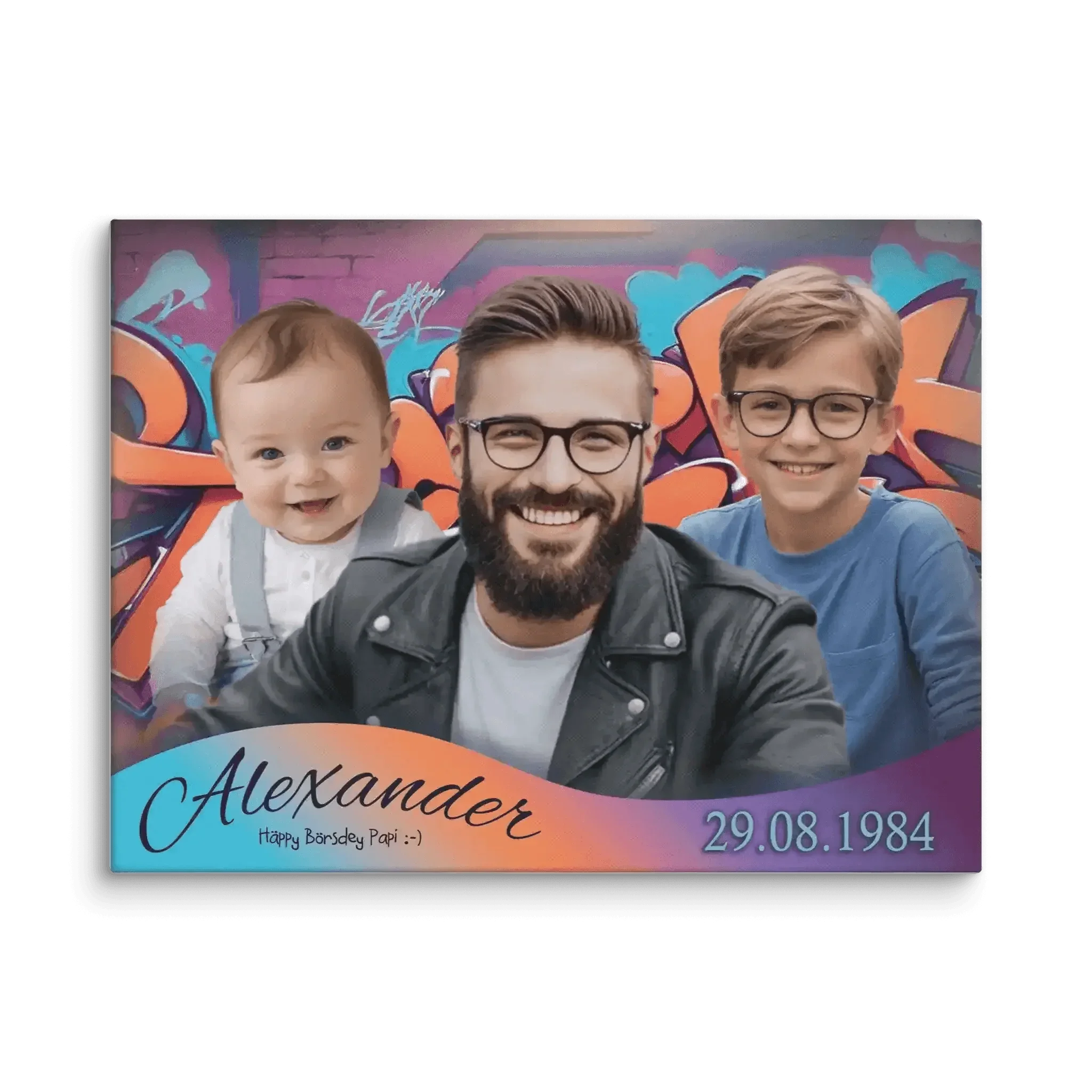 Leinwand Vatertag mit drei Personen vor bunter Graffiti, Name Alexander und Datum 29.08.1984