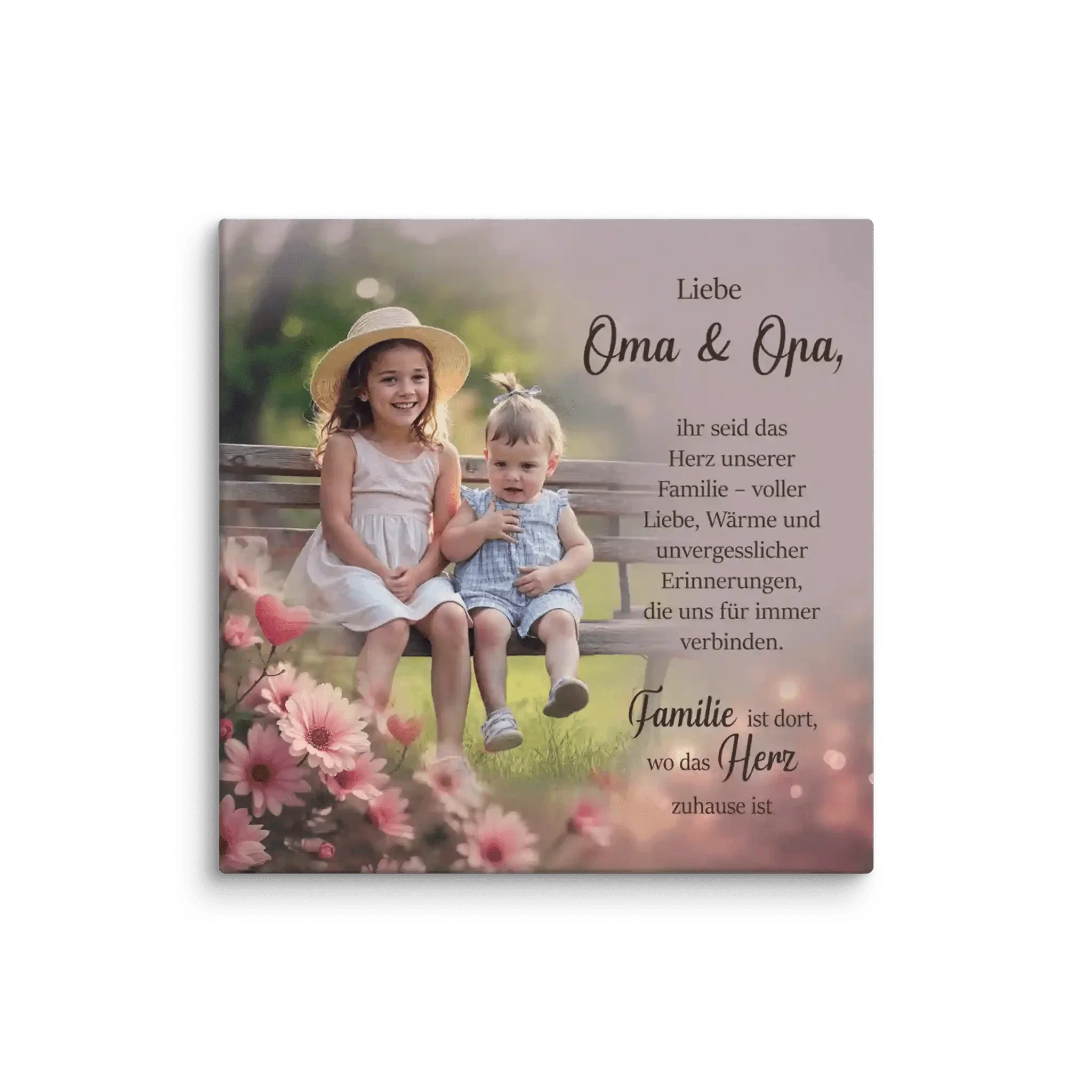 Leinwand mit Foto von Mädchen und Jungen auf Bank im Garten, umgeben von rosa Blumen, Text für Oma und Opa, Geschenk für Großeltern Familie