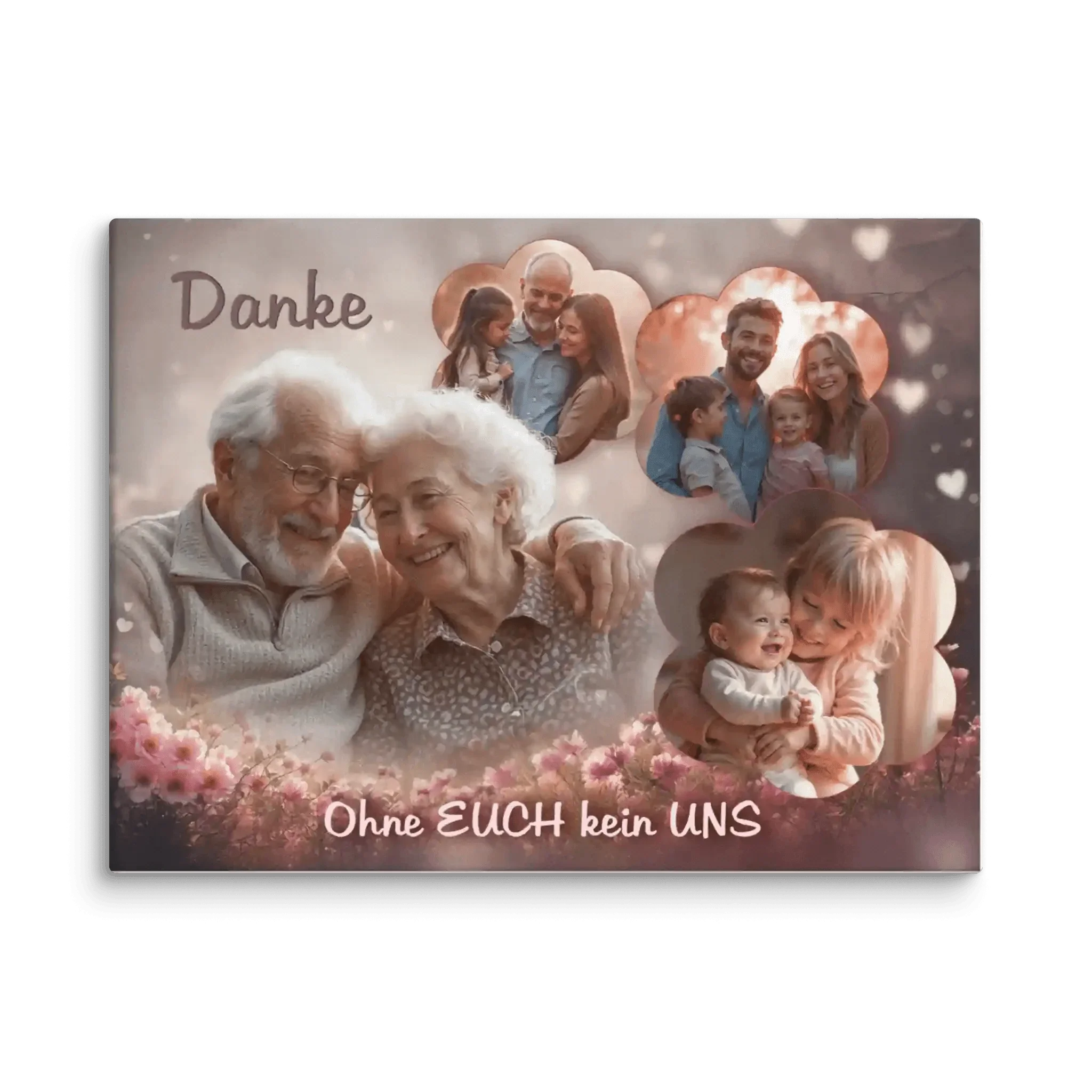Personalisierte Leinwand Weihnachten mit Oma Opa, Familienfotos, Danke Schriftzug, Herz-Motive