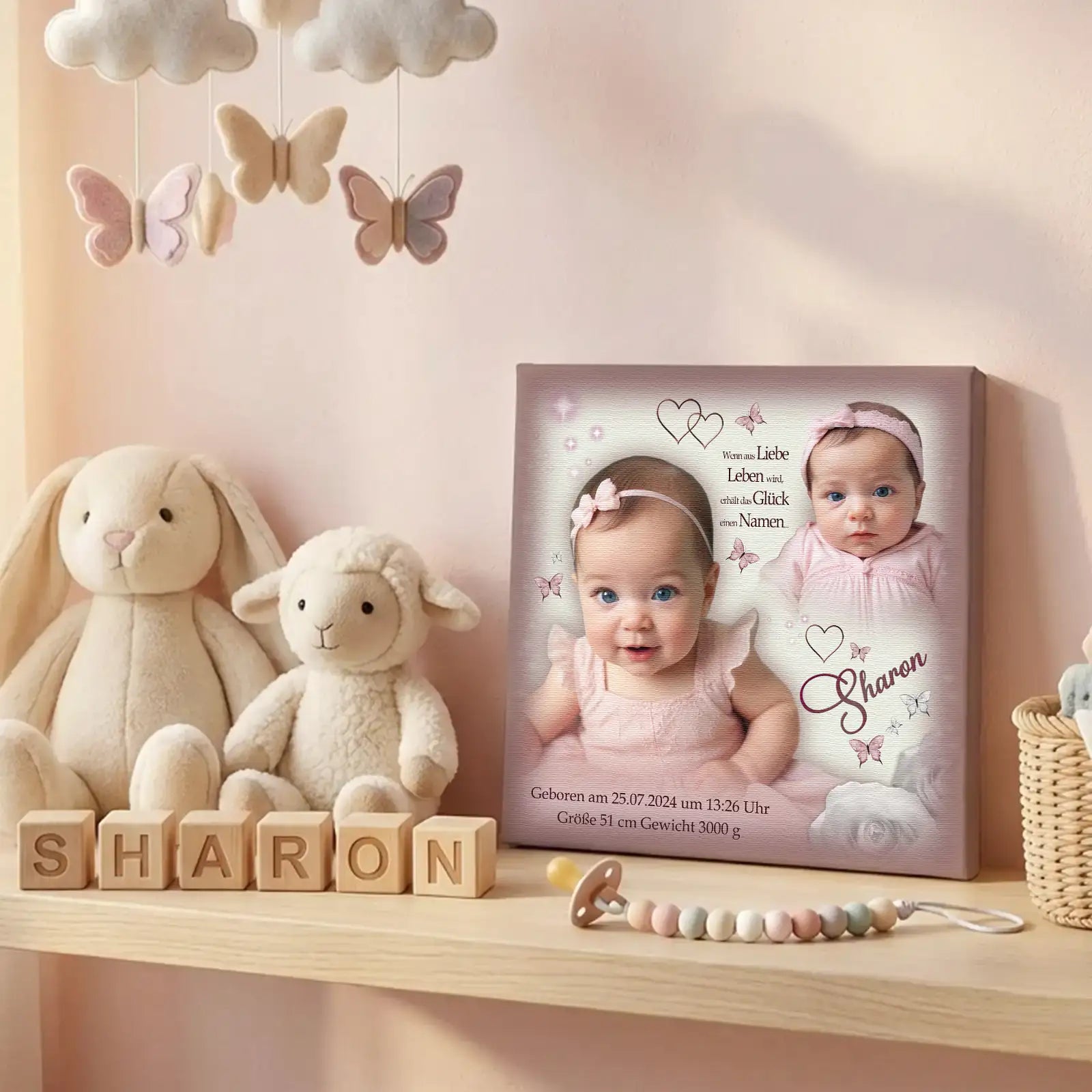 Personalisiertes Babybild Leinwand Sharon mit zwei Babyfotos und Geburtsdaten, rosa Design, Geschenk zur Geburt im Kinderzimmer