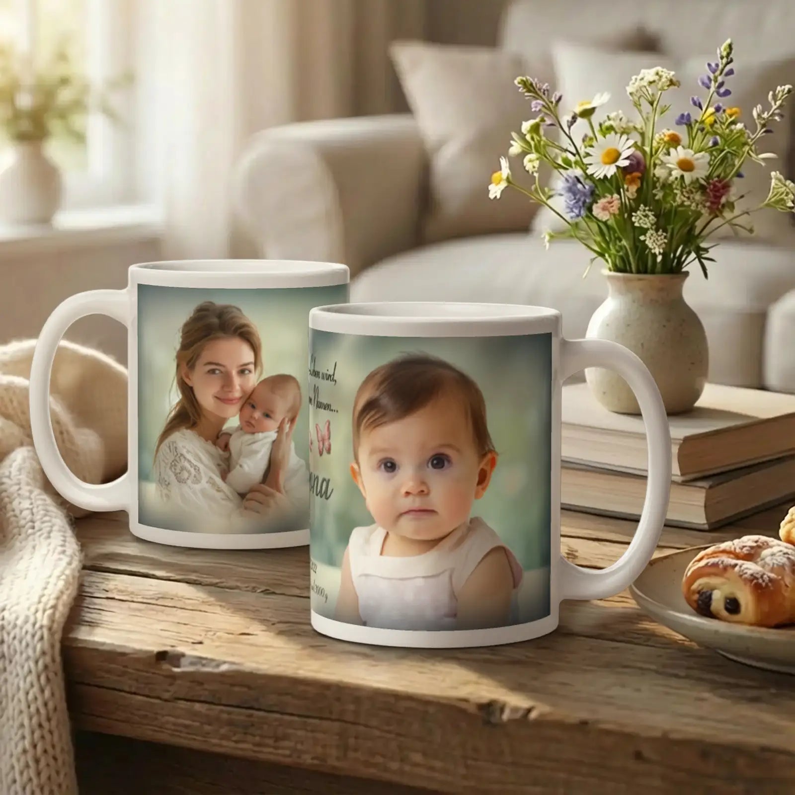 Personalisierte Baby-Fototassen als Geschenk zur Geburt – liebevolle Wohnzimmer-Szene mit Mutter-Kind-Foto, Blumenstrauß und gemütlicher Holzdeko
