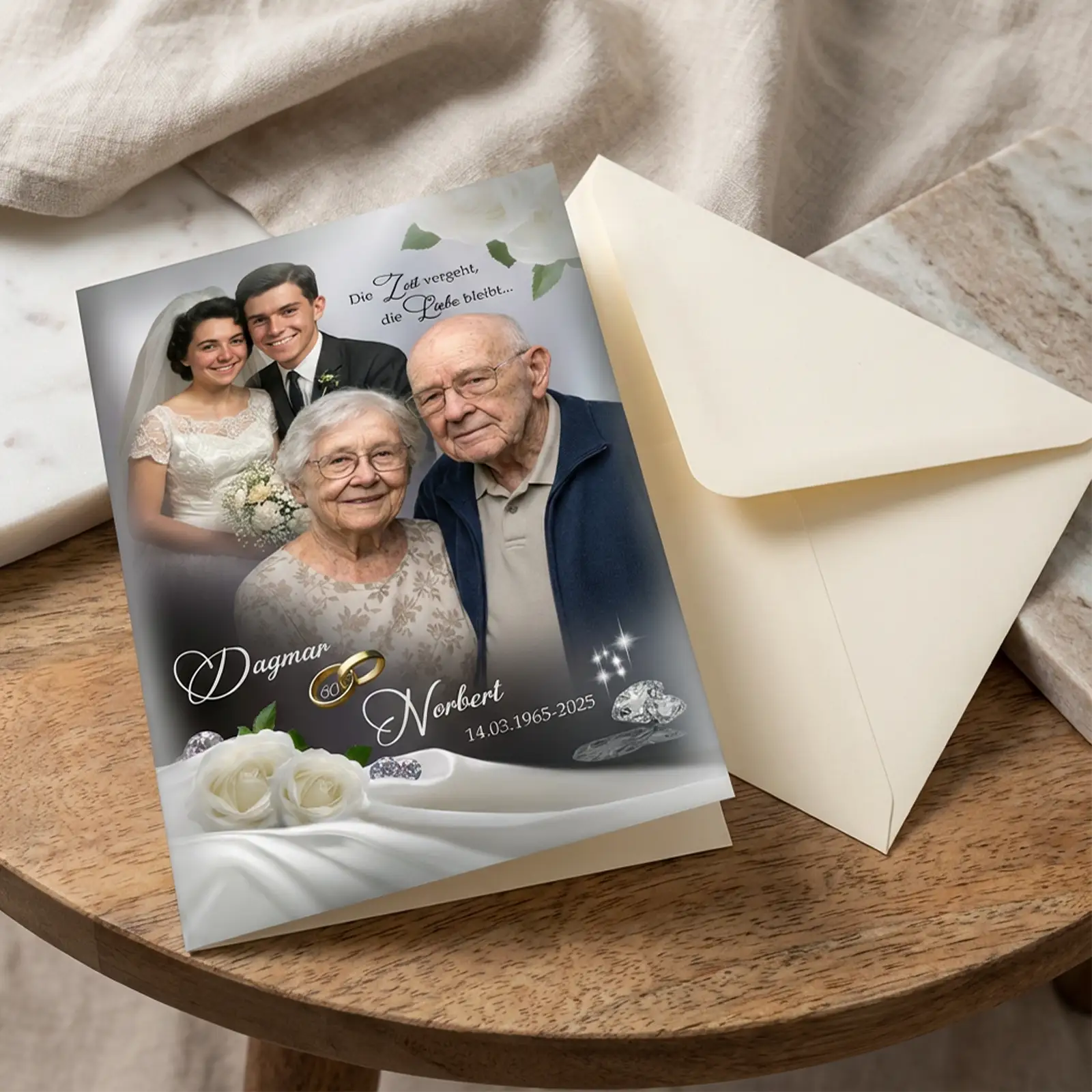 Diamanthochzeit Glückwunschkarte mit alten und jungen Paarfotos, personalisiert mit Namen und Datum als edles Foto-Geschenk zur 60-jährigen Hochzeit.