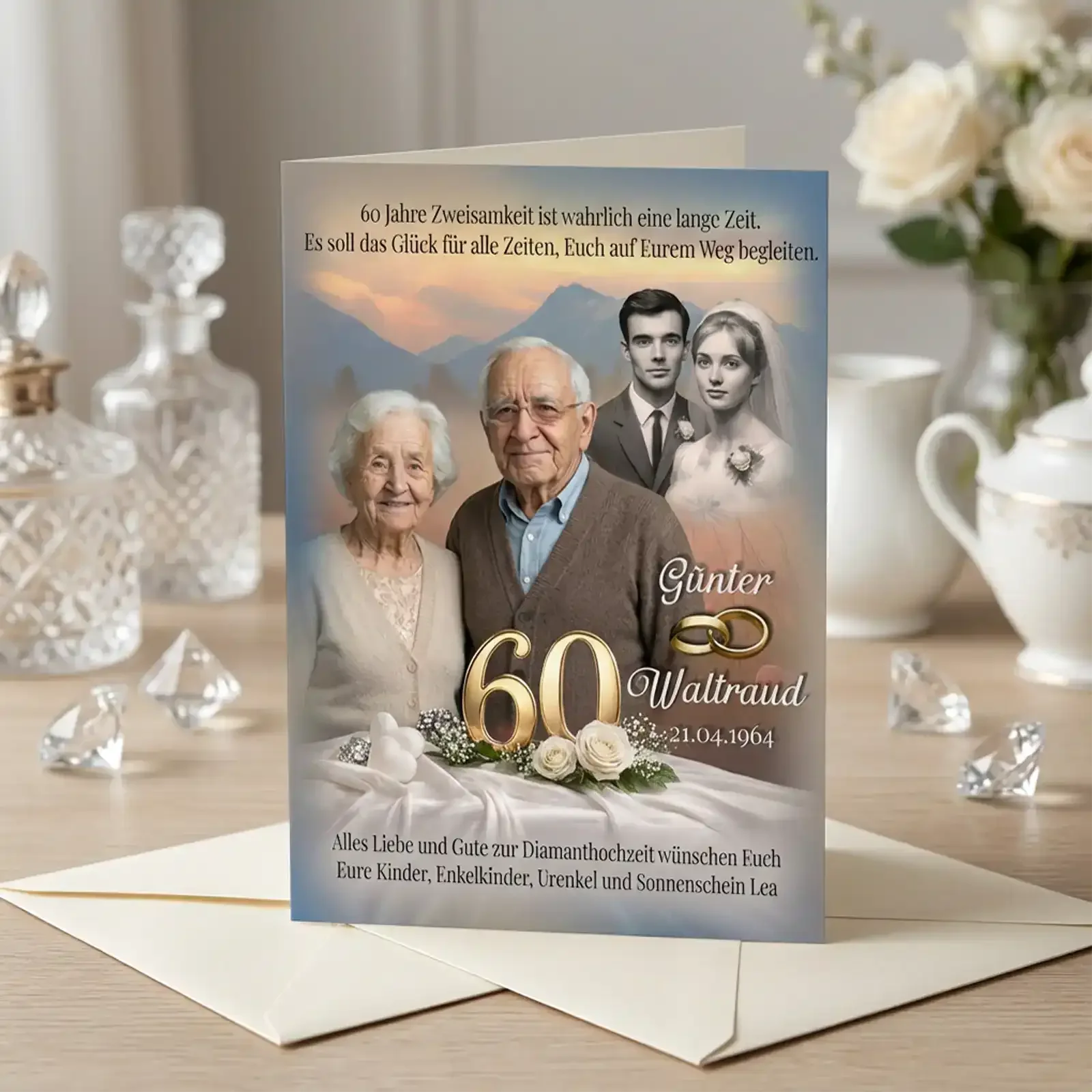 Personalisierte Diamanthochzeit-Karte mit Foto des Jubelpaares, altem Hochzeitsbild und goldener 60 in festlichem Design, elegantes Geschenk zum 60. Hochzeitstag.