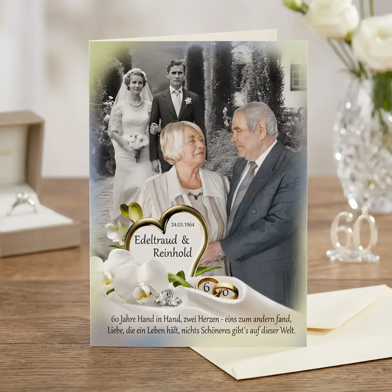 Geschenk zur Diamantenen Hochzeit, personalisierte Grußkarte mit Brautpaar und schönem Design.
