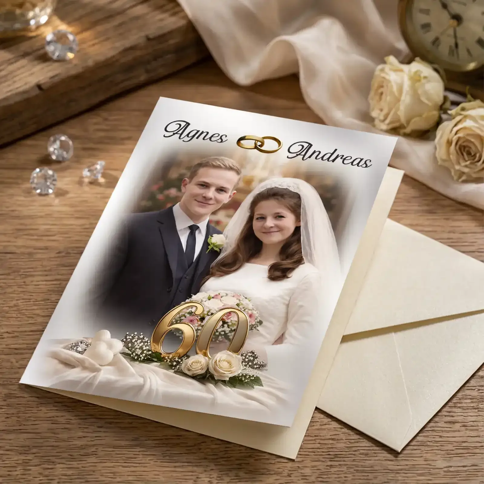 Diamanthochzeit Glückwunschkarte mit Paarfoto, personalisiert mit Namen und Datum als edles Foto-Geschenk zur 60-jährigen Hochzeit.