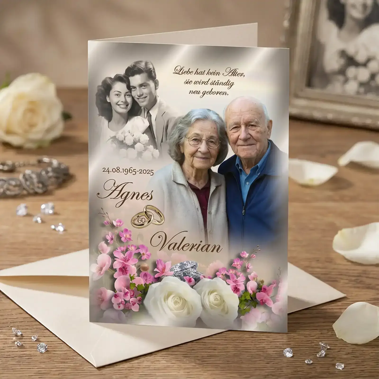 Personalisierte Diamanthochzeit Karte mit Paarfoto von Agnes und Valerian, Hochzeitsporträt, weißen Rosen und rosa Blumen – elegantes Jubiläumsgeschenk 60 Jahre
