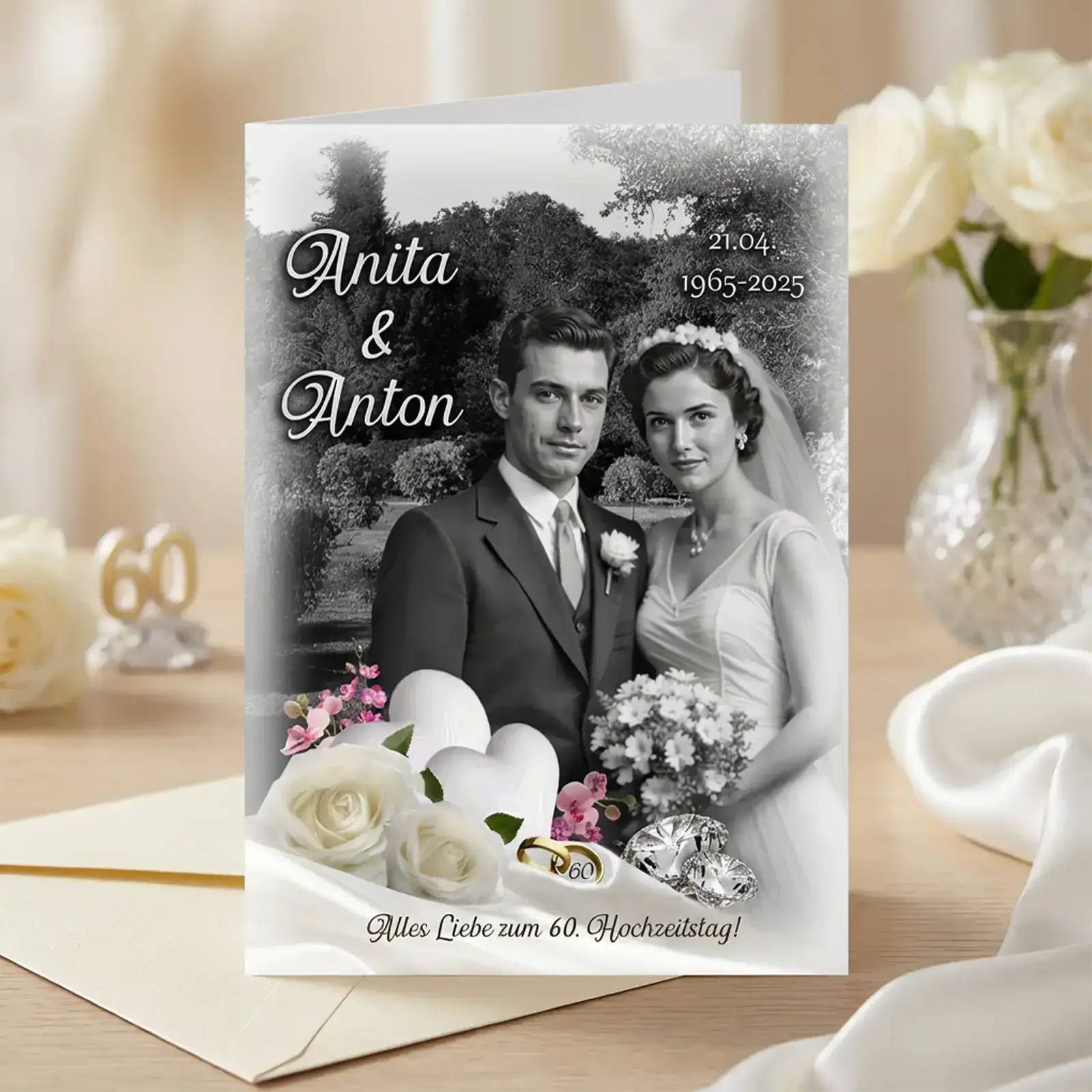 Personalisierte Grußkarte Geschenk zur Diamanthochzeit mit Foto von Anita und Anton, 60 Jahre Ehe, 21.04.1965-2025.