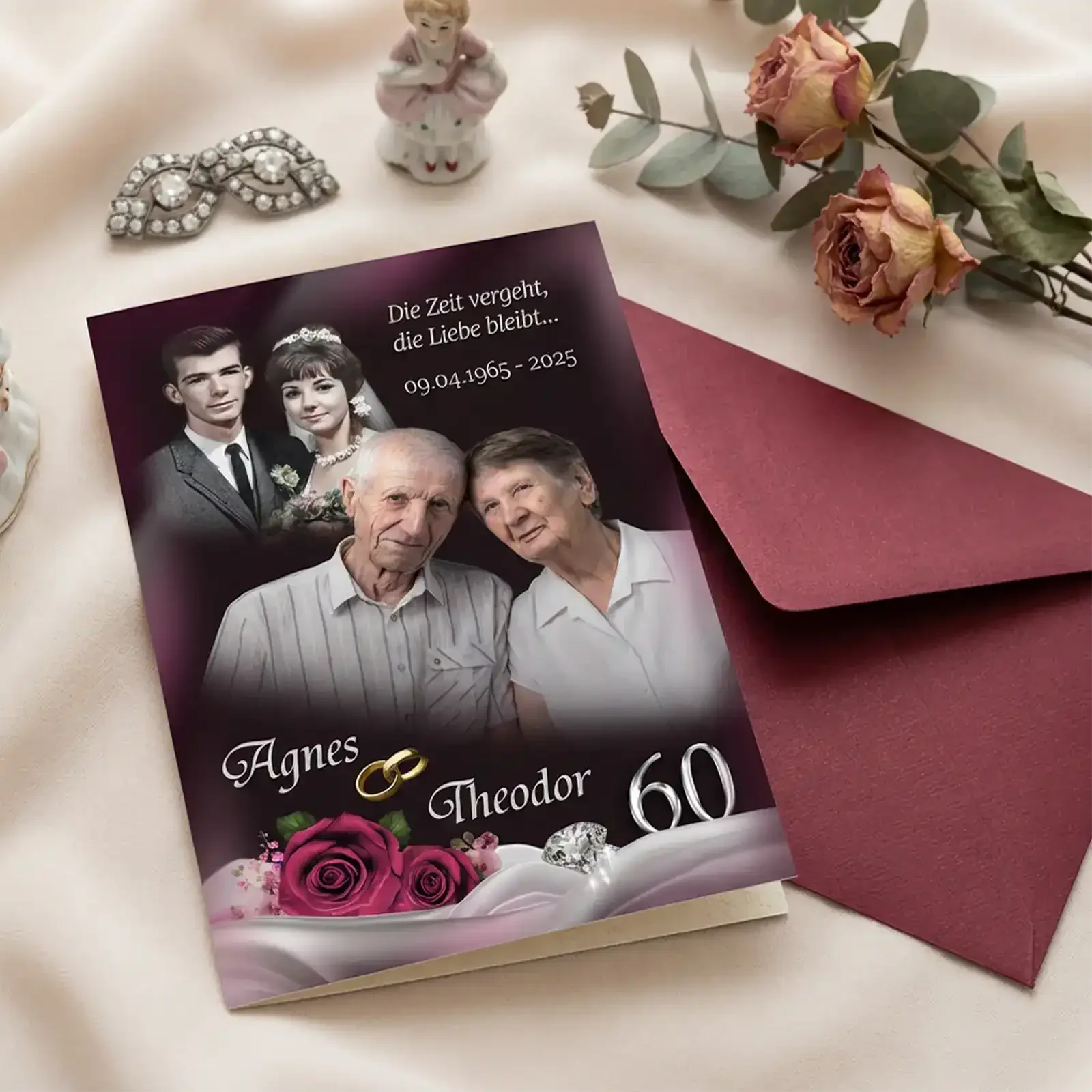 Geschenk zur Diamantenen Hochzeit mit personalisierter Grußkarte für 60 Jahre Liebe von Agnes und Theodor.