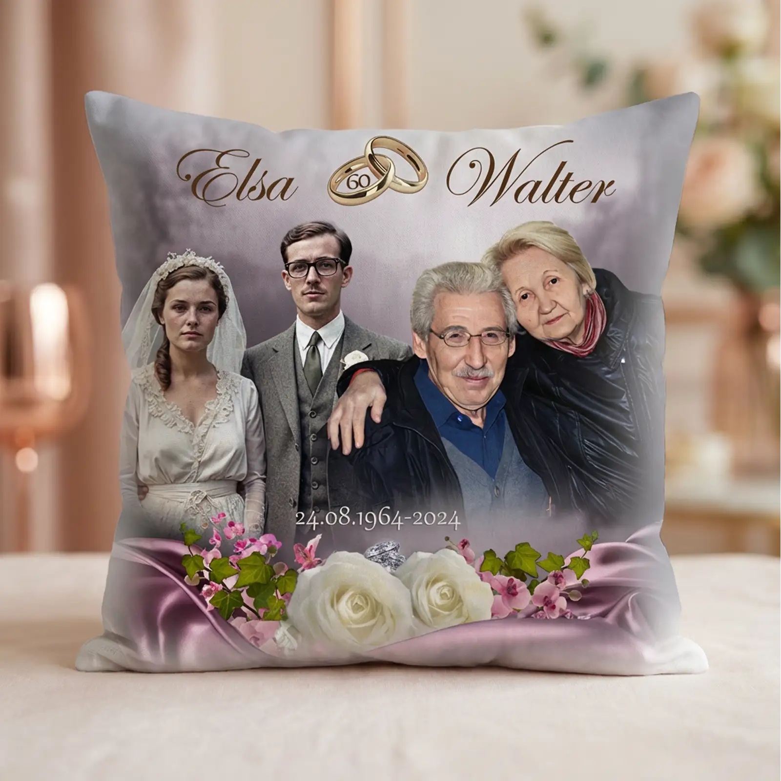 Personalisiertes Kissen mit Hochzeitsfoto, älteres Ehepaar, goldene Hochzeit, Blumenmotiv