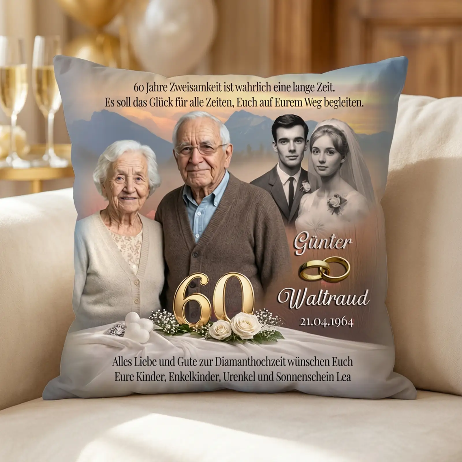 Personalisierte Kissen 40x40, Geschenk zur diamantenen Hochzeit mit älterem Ehepaar und Hochzeitsfoto, 60 Jahre, Name und Datum.