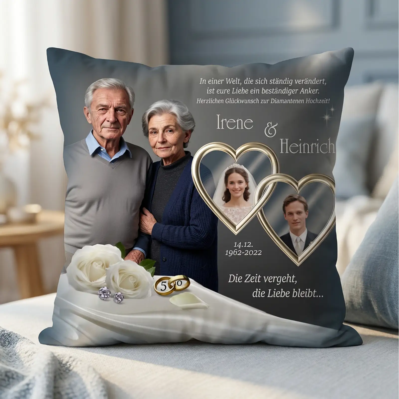 Personalisiertes Kissen zur Diamantenen Hochzeit mit Hochzeits- und aktuellem Paarfoto, Rosen, Ringen und Namen Dagmar und Norbert.