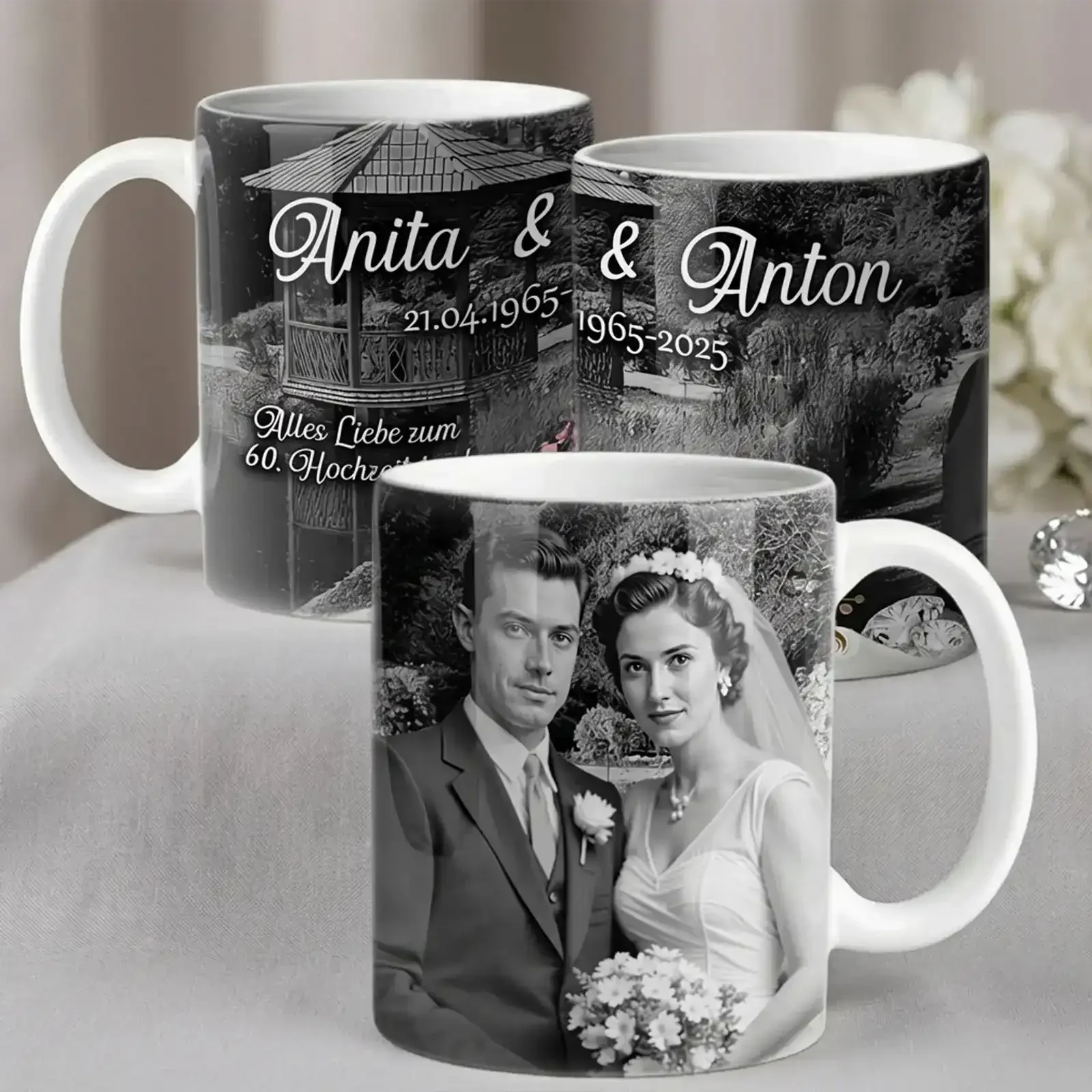 Geschenk personalisierte Tassen für Jubiläumsfeier, mit Bildern und Namen zur 60. Hochzeitstagsfeier besonderes Geschenk.