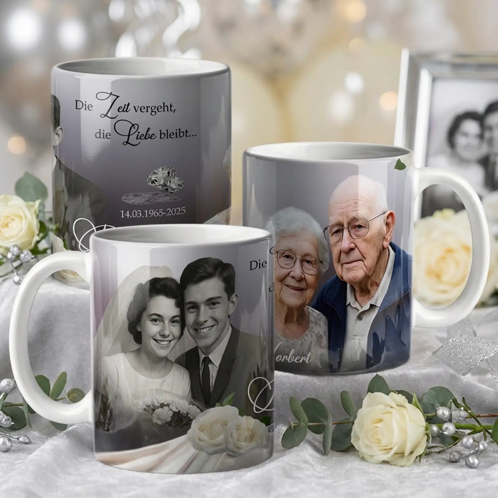 Individuelle 60 Jahre Hochzeit Tasse mit Vorher-Nachher Paarfoto und Datum – Erinnerungsgeschenk zur Diamanthochzeit