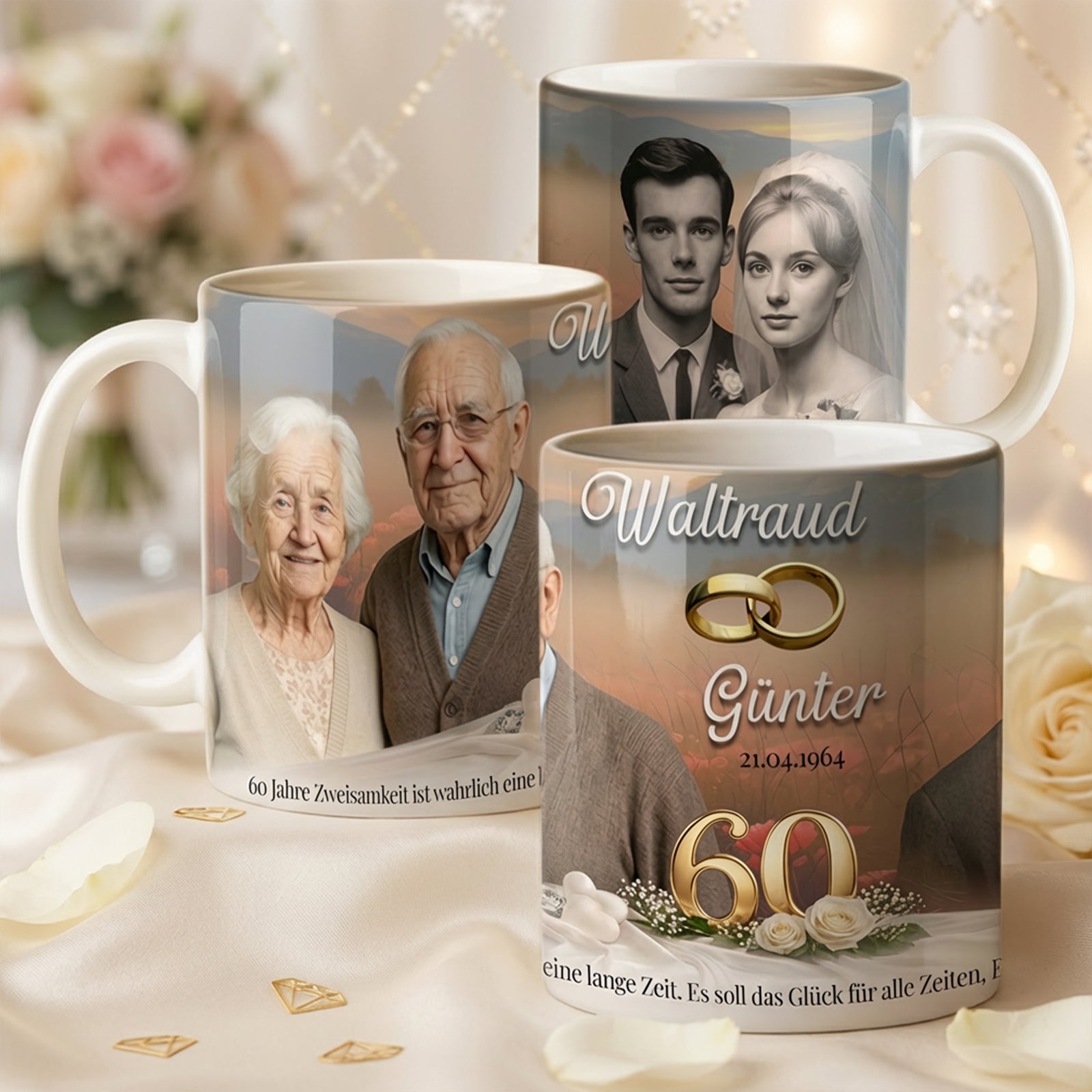 Zeitlos elegantes Tassen-Set zur 60-jährigen Hochzeit mit passendem Hochzeitsfoto und Paarportrait auf weißem Hintergrund.