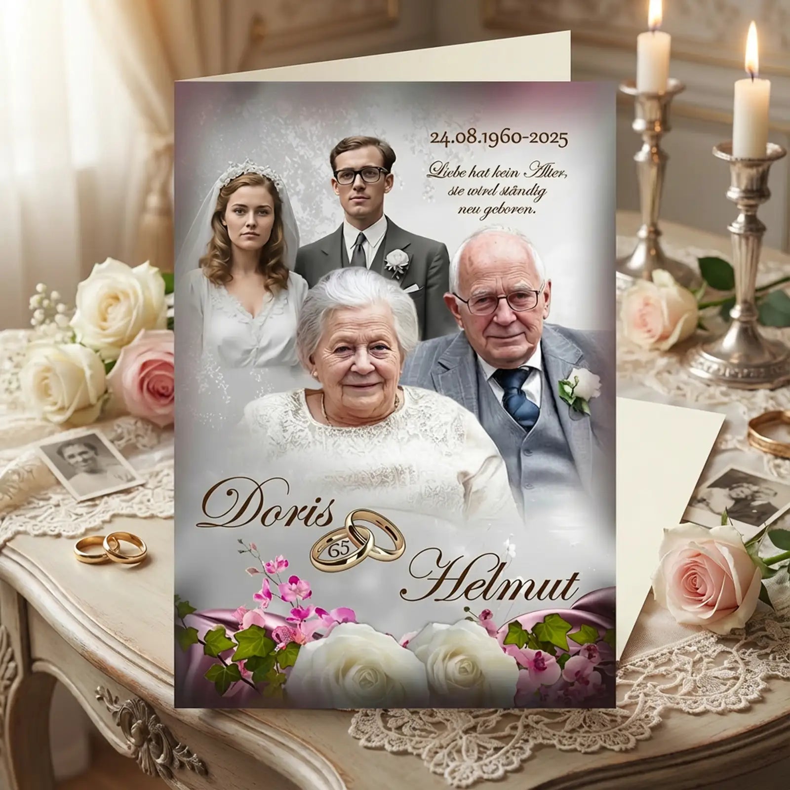 Personalisierte Glückwunschkarte zur Eisernen Hochzeit mit Porträt eines älteren Ehepaares und Hochzeitsfoto aus jungen Jahren, Namen Doris und Helmut, Datum 24.08.1960–2025, goldene Ringe mit Zahl 65, florales Design mit Rosen und Spitze, elegantes Stillleben auf Tisch mit Kerzen, Fotos und nostalgischer Hochzeitsdekoration.