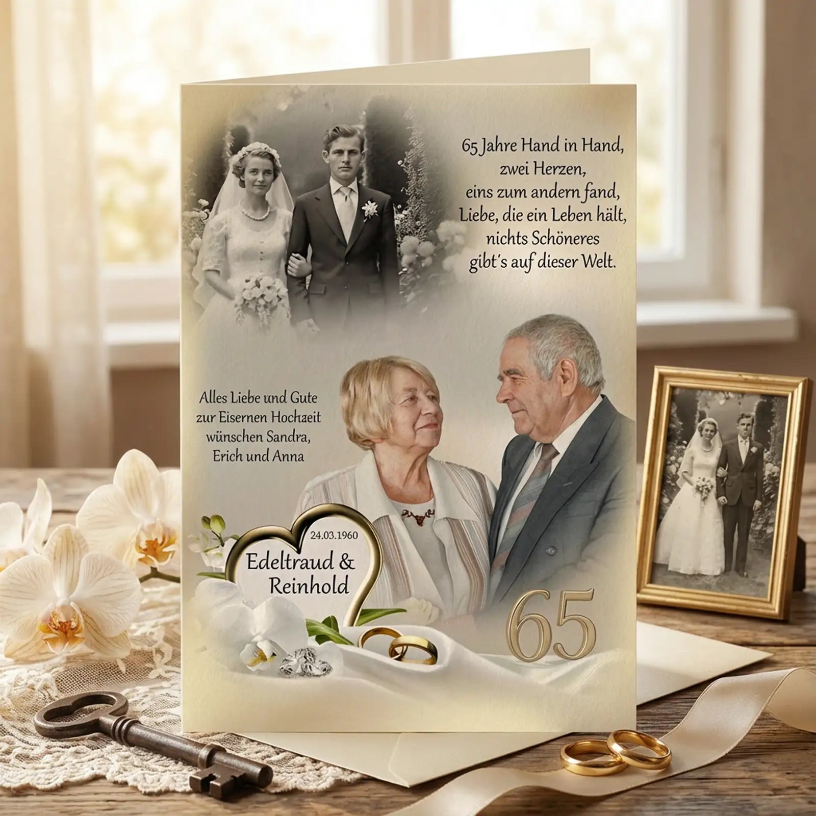 Personalisierte Glückwunschkarte zur Eisernen Hochzeit mit älterem Ehepaar im Vordergrund und historischem Hochzeitsfoto, Namen Edeltraud und Reinhold, Datum 24.03.1960, Zahl 65 mit goldenen Ringen, liebevoller Hochzeitsspruch, florales Motiv mit Orchideen, nostalgische Tischdekoration mit Schlüsseln, Fotos und Eheringen.