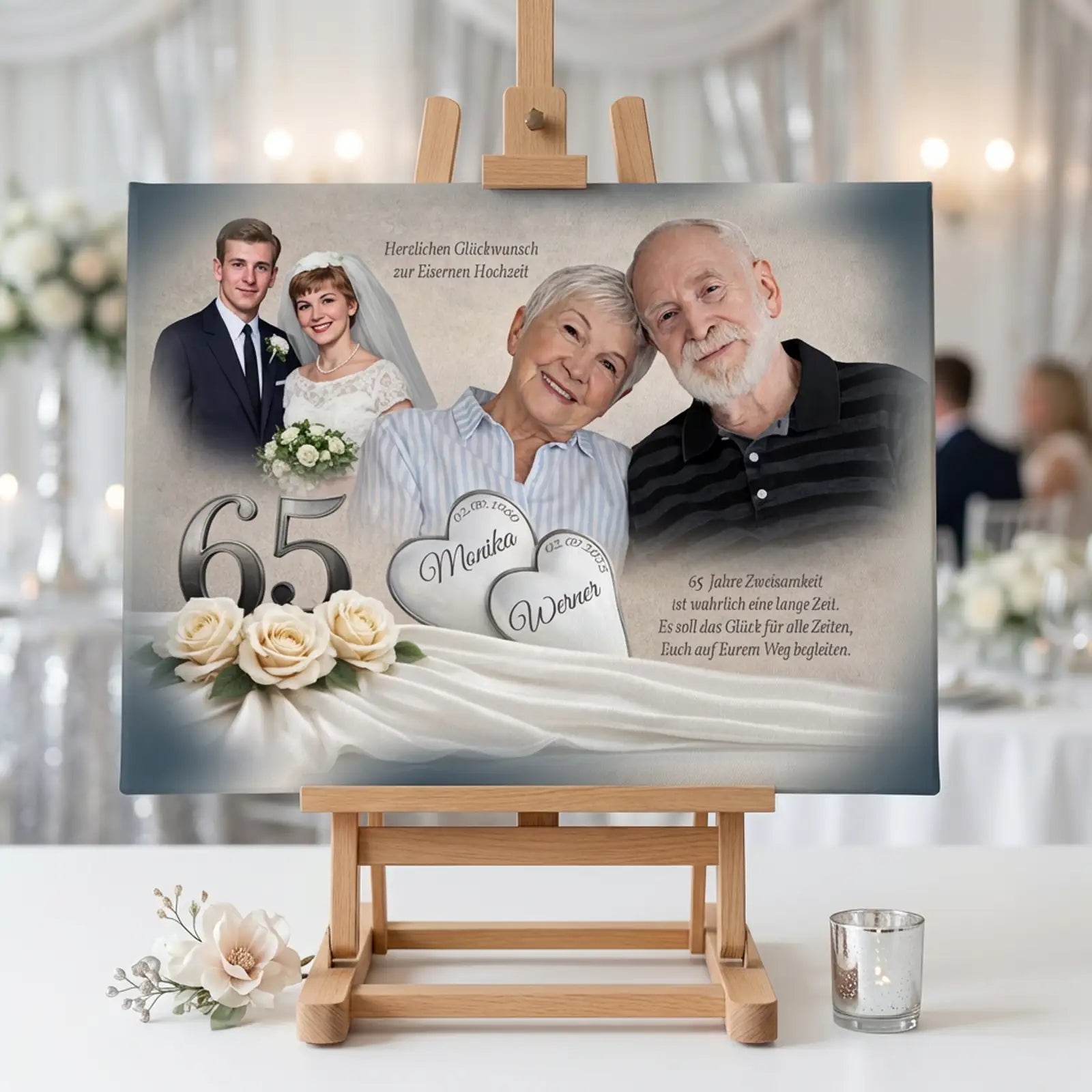 Mockup zur eisernen Hochzeit mit Leinwand,die auf einer Staffelei präsentiert wird. Auf der Leinwand sind zwei Fotos von Monika und Werner. Im Hintergrund ein Hochzeitsfoto der beiden und im Vordergrund ein aktuelles Bild.