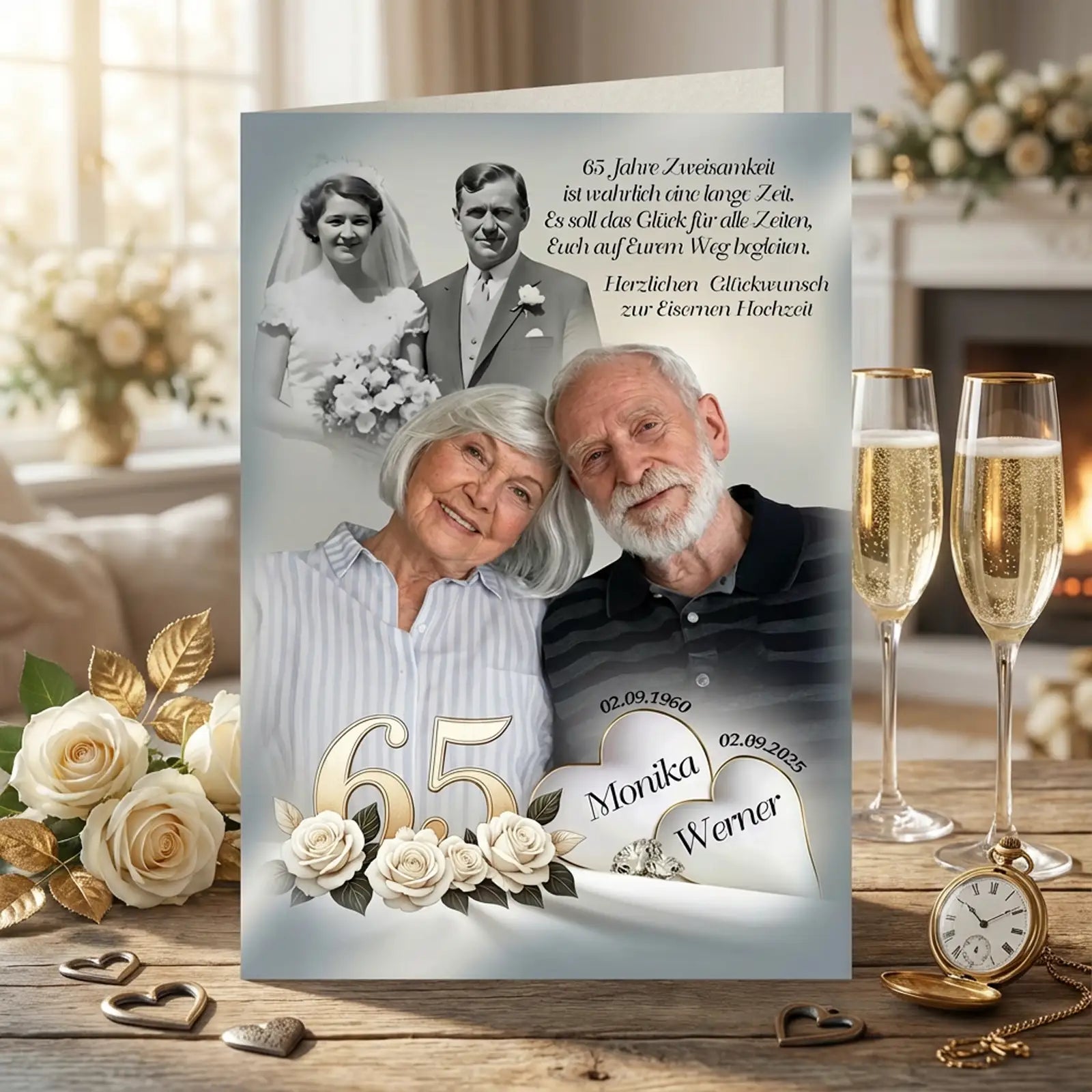 Personalisierte Glückwunschkarte zur Eisernen Hochzeit mit Porträt eines älteren Ehepaars (Monika und Werner) im Vordergrund, darüber ein historisches Hochzeitsfoto in Schwarzweiß, Zahl 65 mit weißen Rosen, Herzmotiv mit Namen und Datum 02.09.1960–02.09.2025, Hochzeitsspruch zur Eisernen Hochzeit, festliche Tischdekoration mit Champagnergläsern, Taschenuhr, Rosen und Herzornamenten in warmem Wohnambiente.