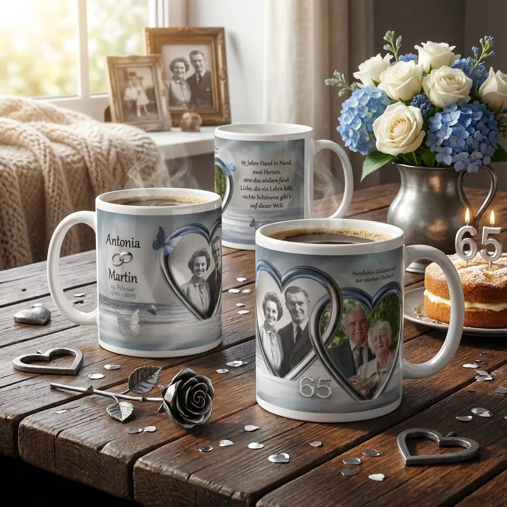 Tasse Eiserne Hochzeit – personalisiertes Geschenk mit Fotos und Name