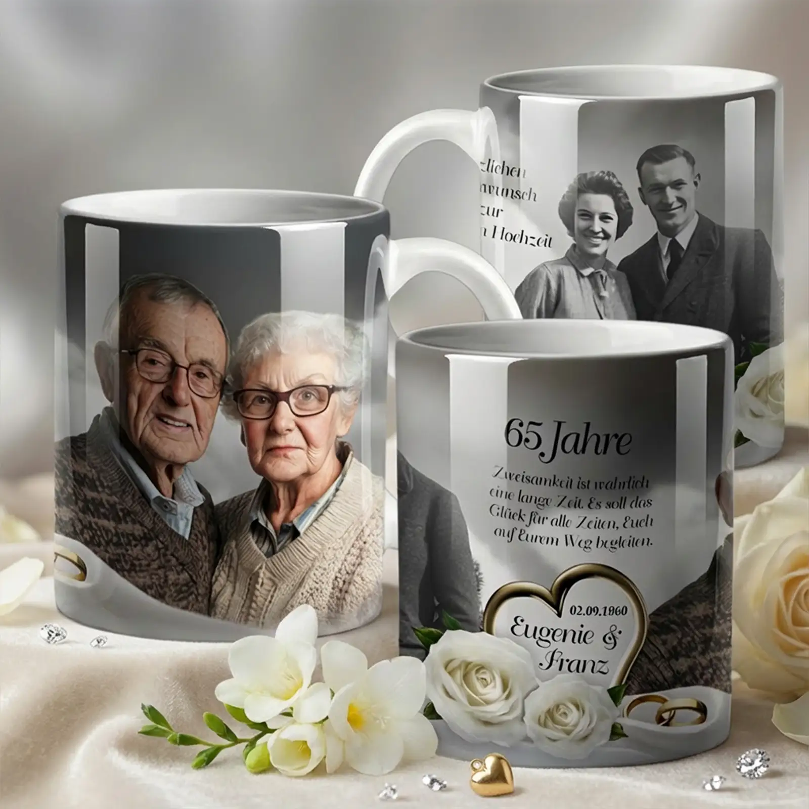Personalisierte Jubiläumstassen zur Eisernen Hochzeit mit Hochzeitsfoto, aktuellem Paarfoto, Namen und Datum – Geschenk zum 65. Hochzeitstag
