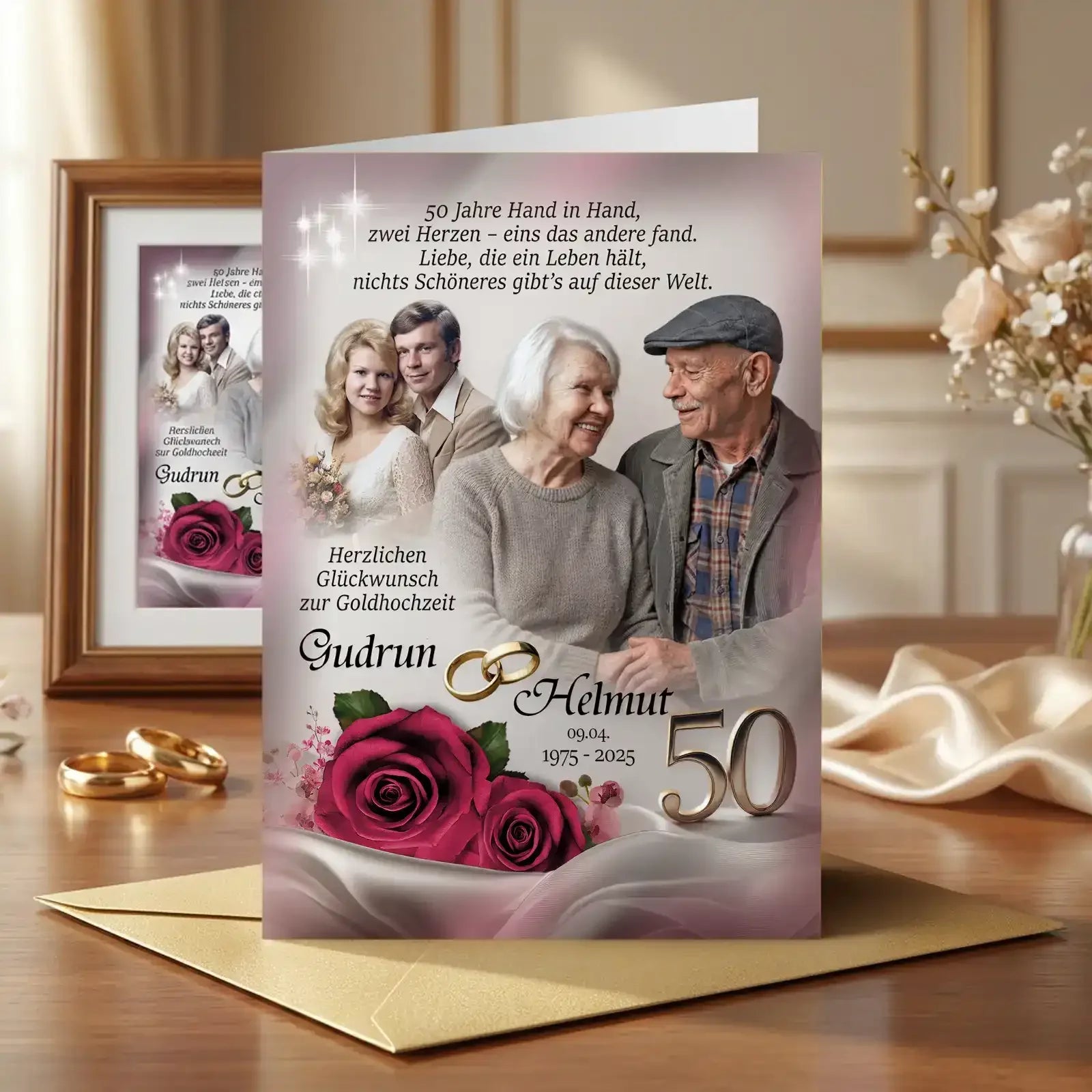 Personalisierte Goldene Hochzeit Karte in Creme mit rosafarbenen Rosen, zwei Paarfotos jung und heute, Namen Gudrun & Helmut, Datum und goldener 50 . Exklusives Geschenk zum 50. Hochzeitstag.
