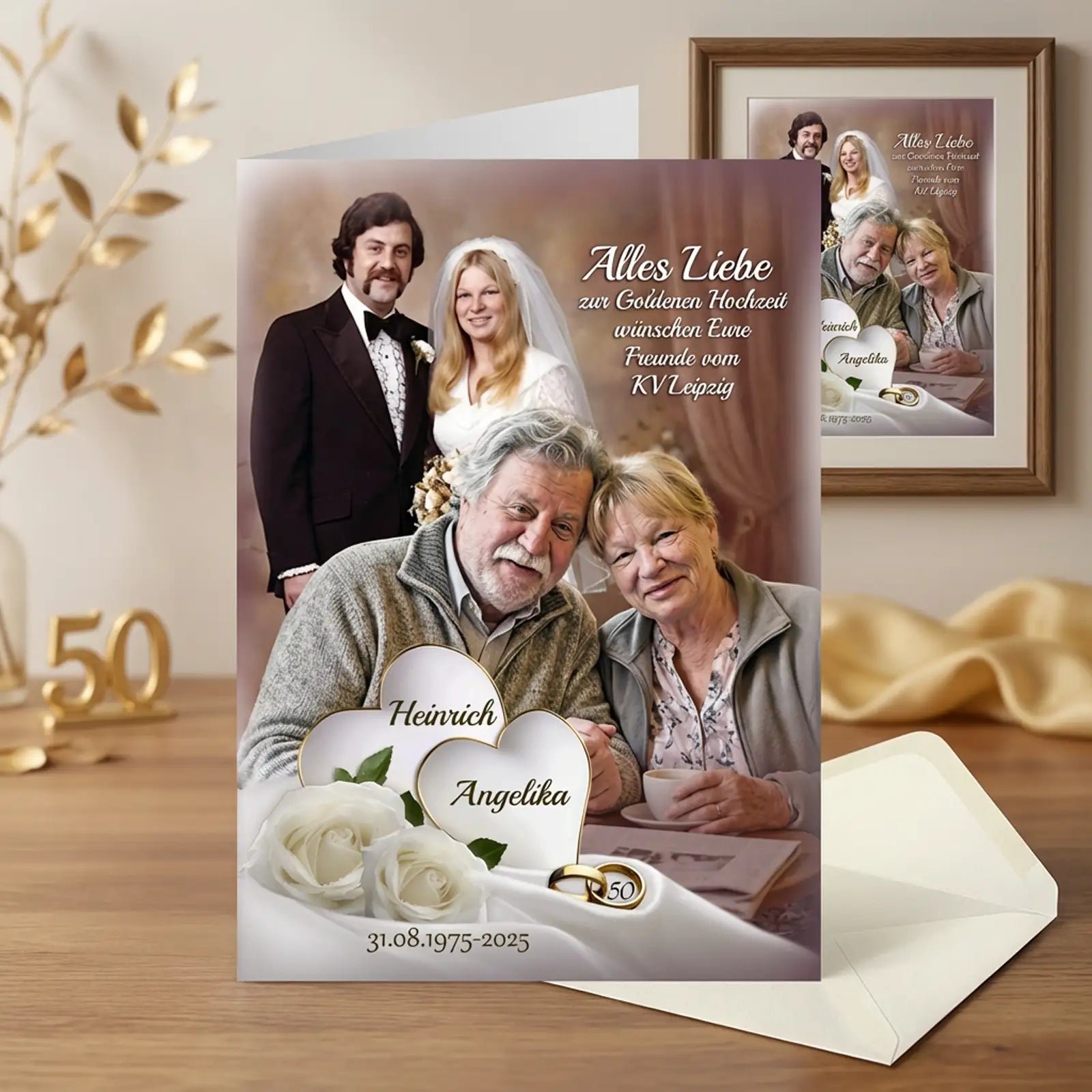 Personalisierte Karte zur Goldenen Hochzeit mit zwei Fotos – plus passendes Wandmotiv im Rahmen, damit aus einem Geschenk zwei werden