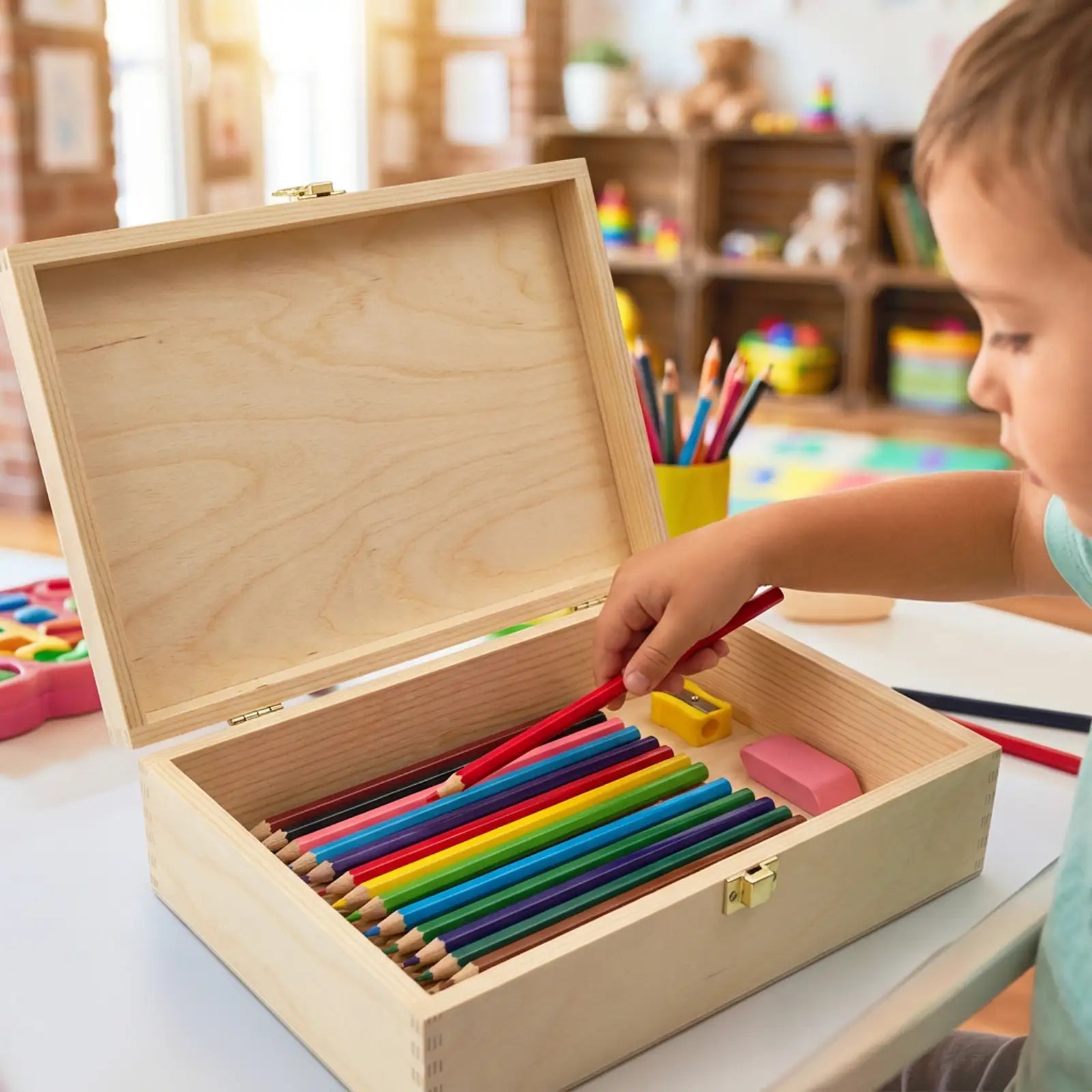 Kind mit Holzbox, bunt sortierten Buntstiften und Radiergummi im Kindergarten