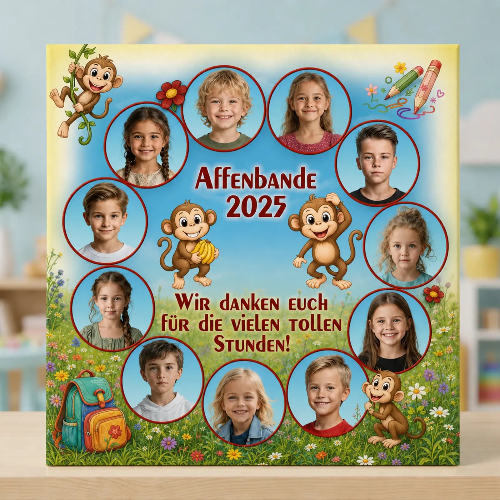 Geschenk zum Kindergartenabschied - Leinwand mit Fotos von Kindern und Affenmotiven, Erinnerungen mit Herz.
