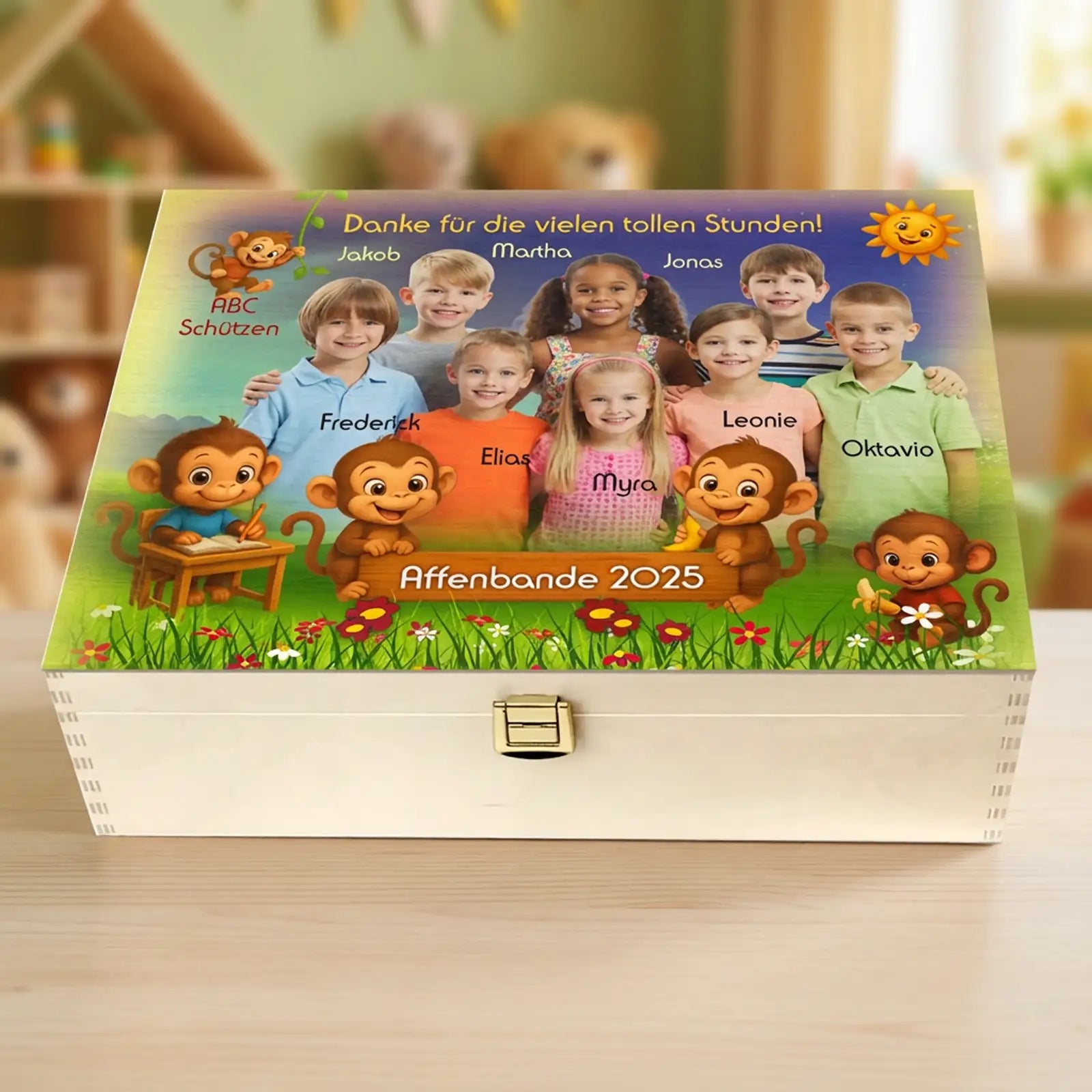 Holzbox mit Foto und Namen, ideal als Erinnerung an Kita oder erster Schultag