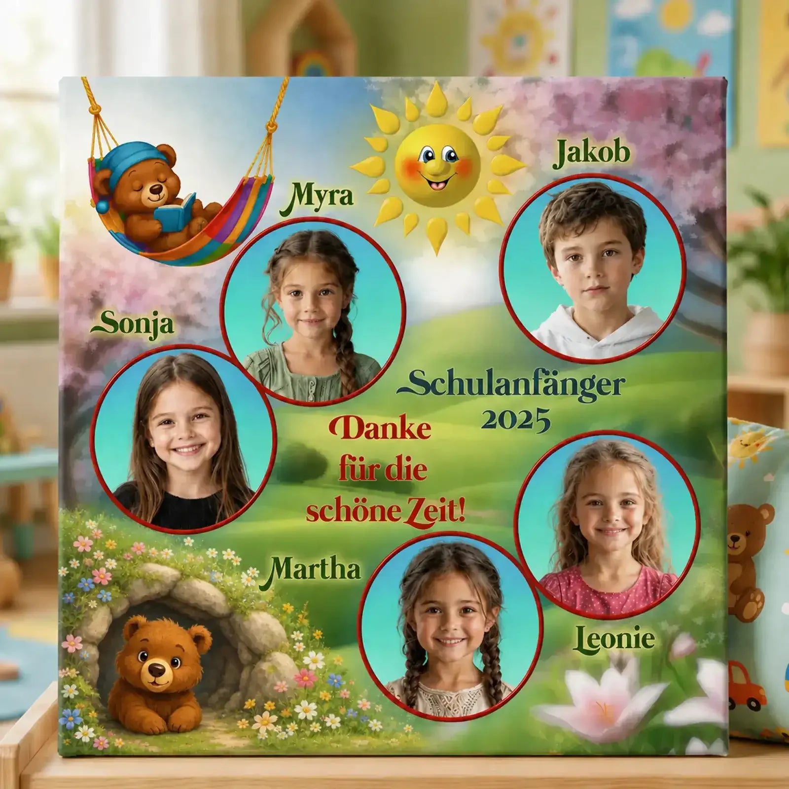 Geschenk zum Kindergartenabschied – Leinwand mit Fotos der Schulkinder 2025, Dank für die schöne Zeit!
