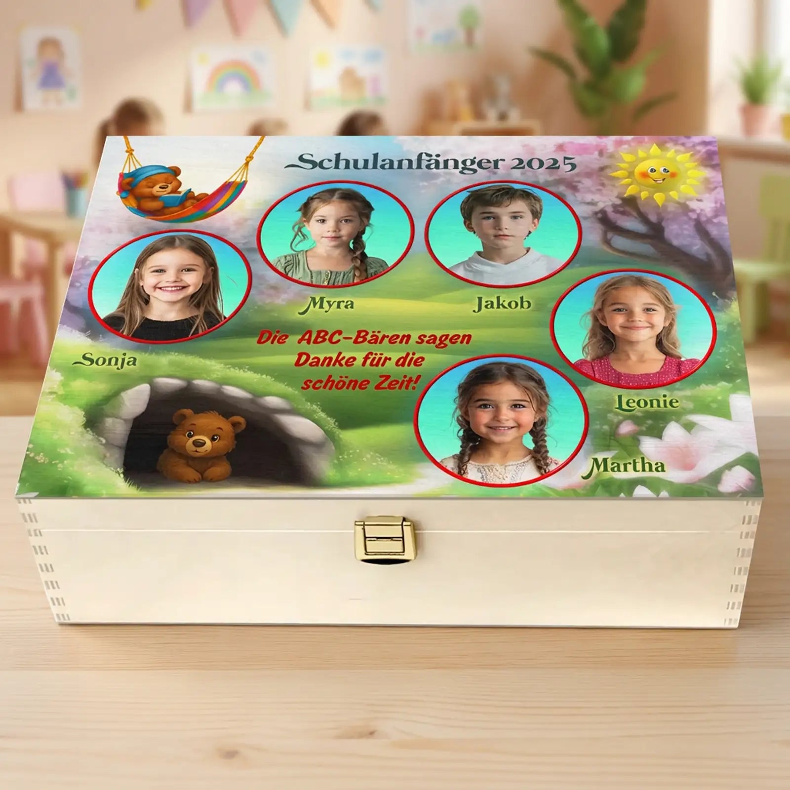 Personalisierte Fotogeschenk-Box für Schulanfänger 2025 mit Kinderfotos, Bärenmotiv und Namensaufdruck