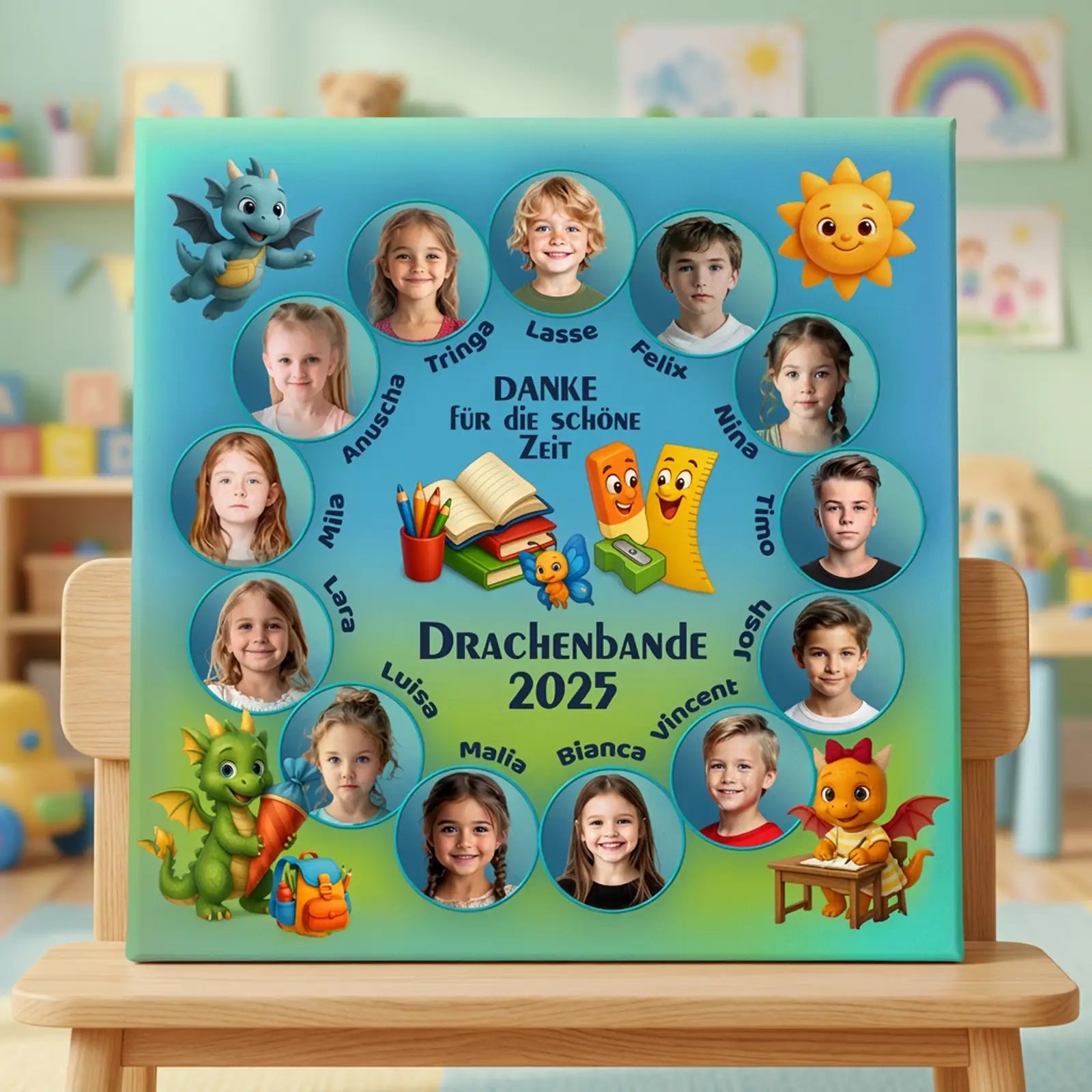 Runde Foto-Collage mit Sonne, Wolke und Kinderbildern für Kindergarten Abschluss 2025