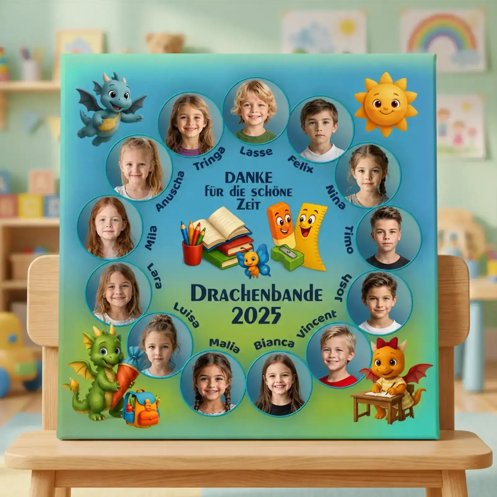 Geschenk zum Kindergartenabschied, Leinwand mit Fotos der Drachenbande 2025 und Dankesbotschaft.