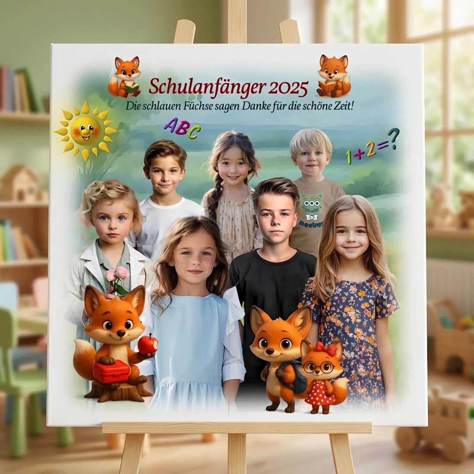 Kindergruppenfoto mit Fuchs-Illustrationen und grüner Wiese, personalisierte Leinwand für Schulanfänger.