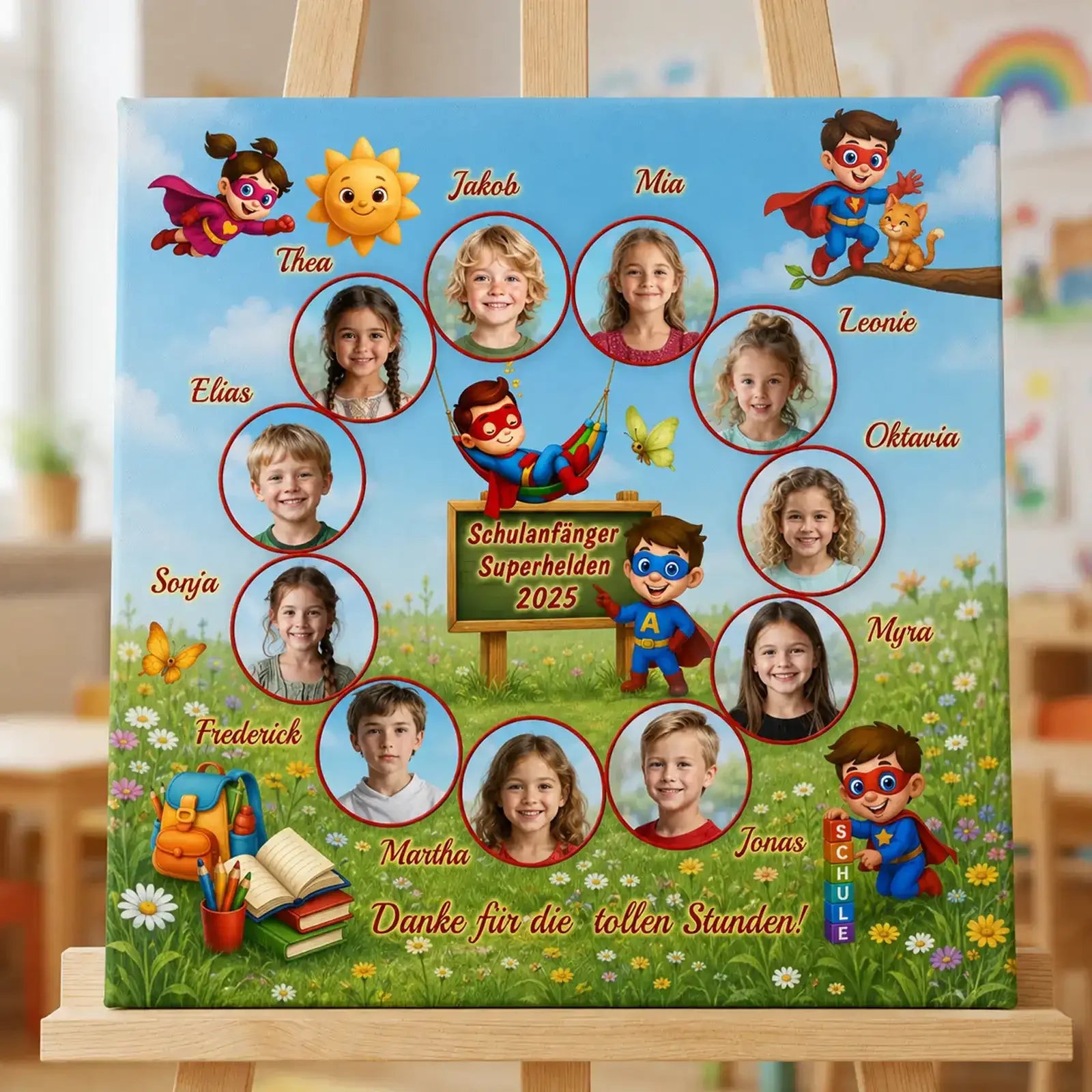 Geschenk zum Kindergartenabschied – Leinwand mit Fotos von Schulanfängern und Superhelden 2025